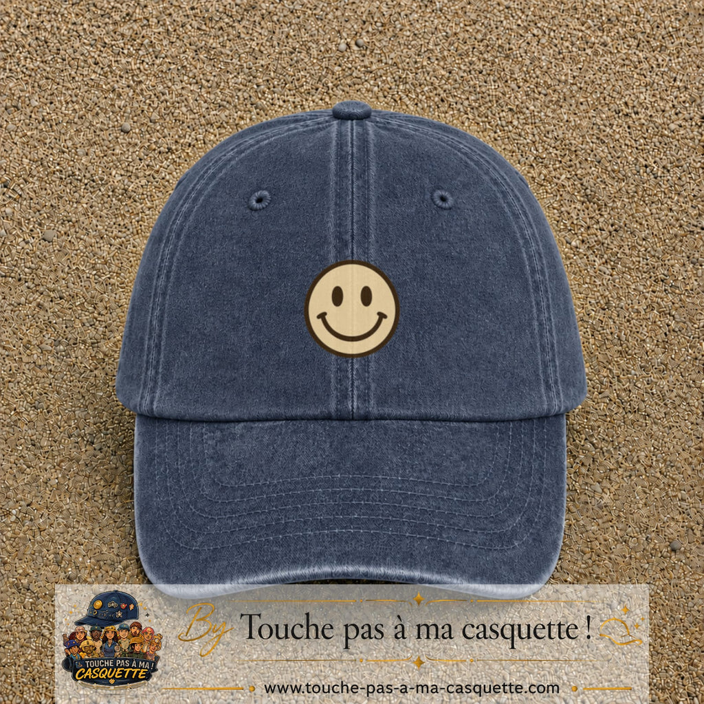 Image principale produit178moyenBM - casquette Bleu marine délavé avec visuel Smiley 5 cm