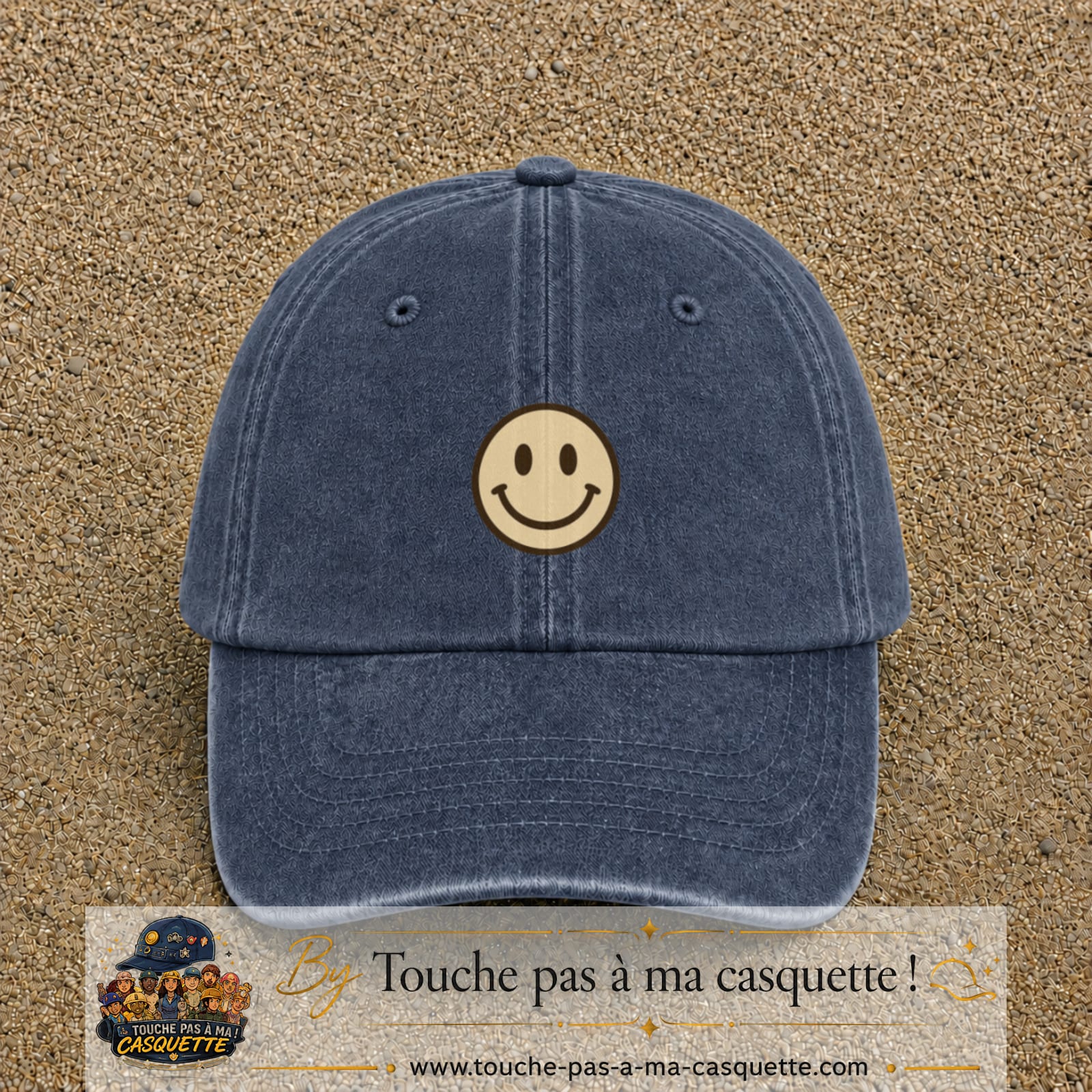 Image principale produit178moyenBM - casquette Bleu marine délavé avec visuel Smiley 5 cm