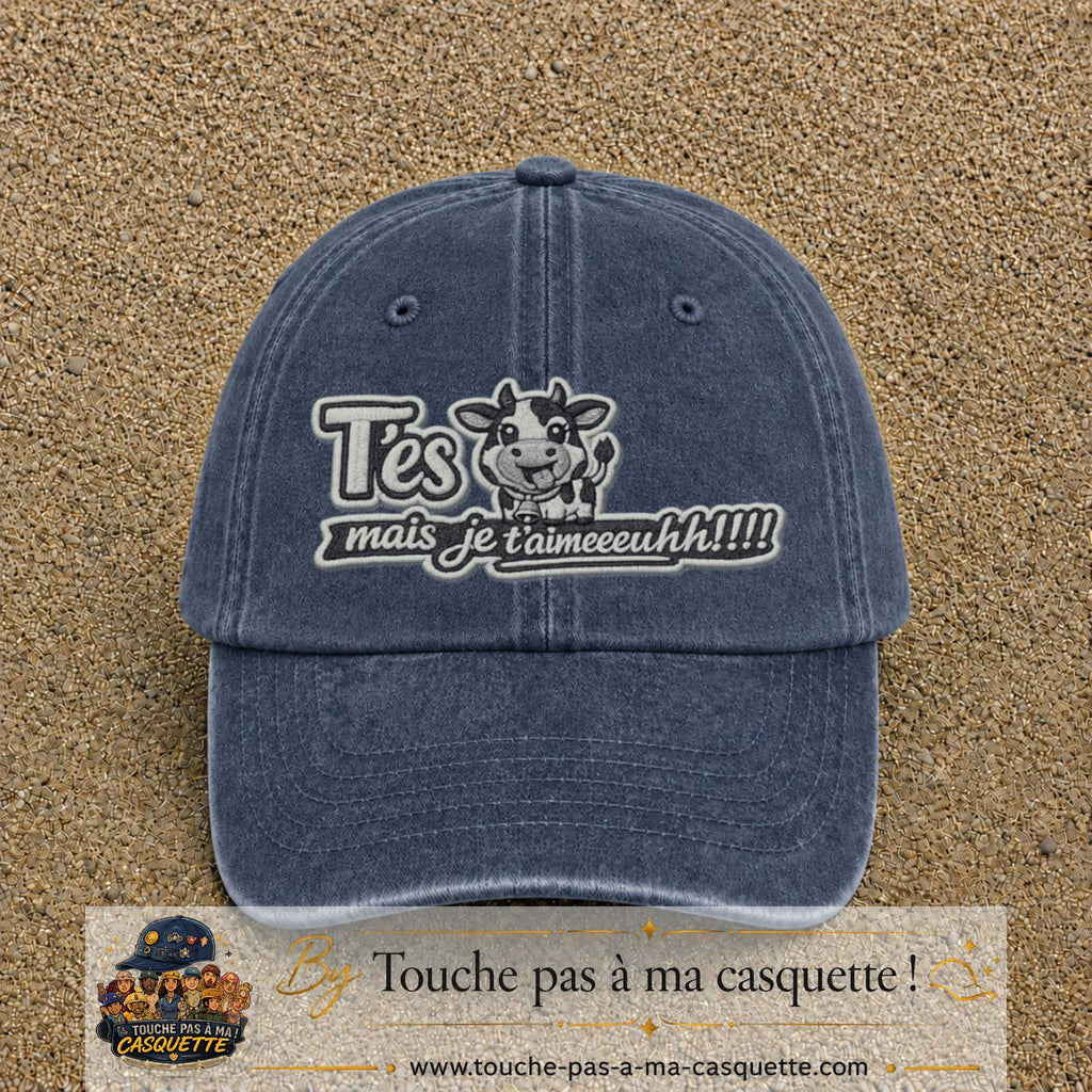 Image principale produit122grosBM - casquette Bleu marine délavé avec visuel Vache message français 7 cm
