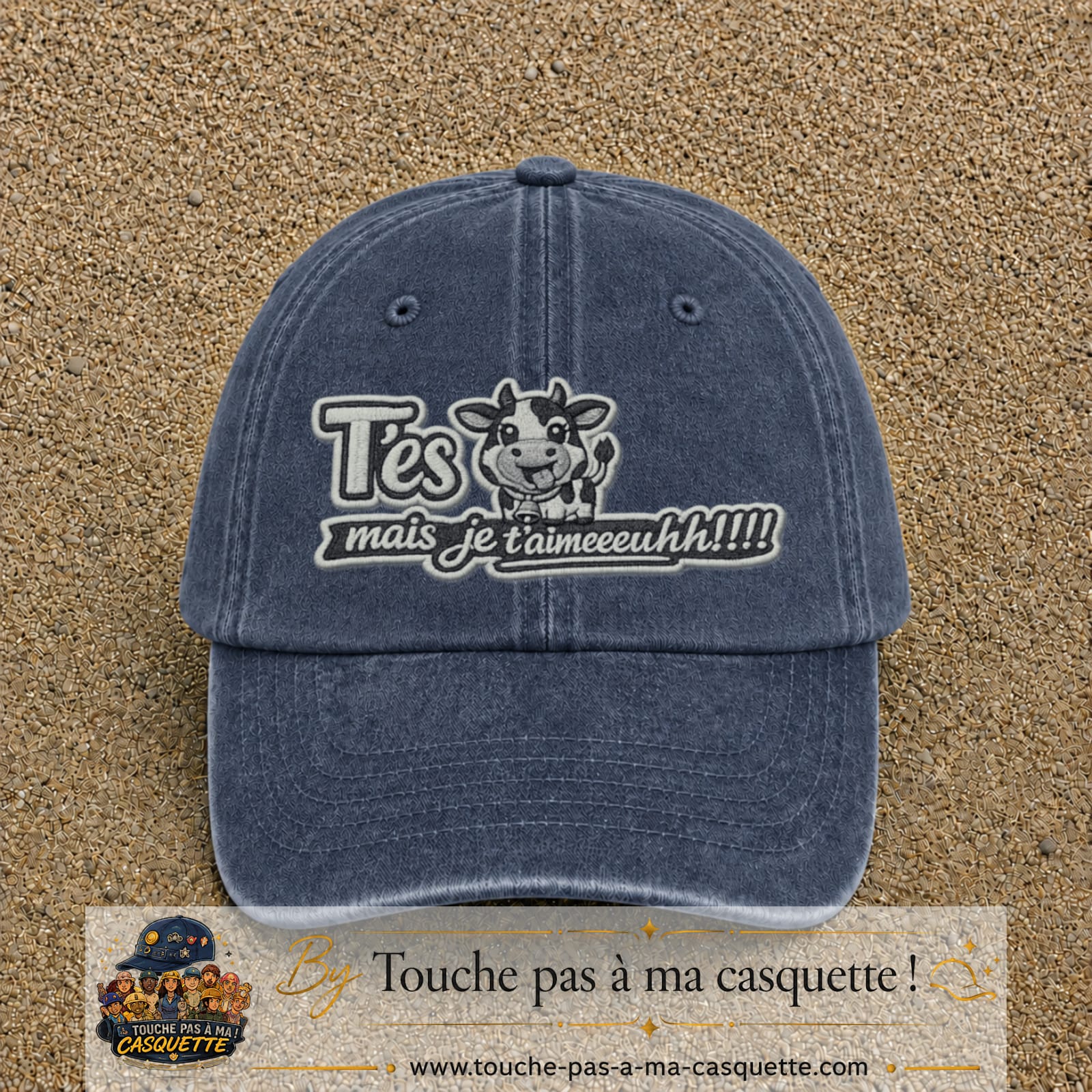 Image principale produit122grosBM - casquette Bleu marine délavé avec visuel Vache message français 7 cm