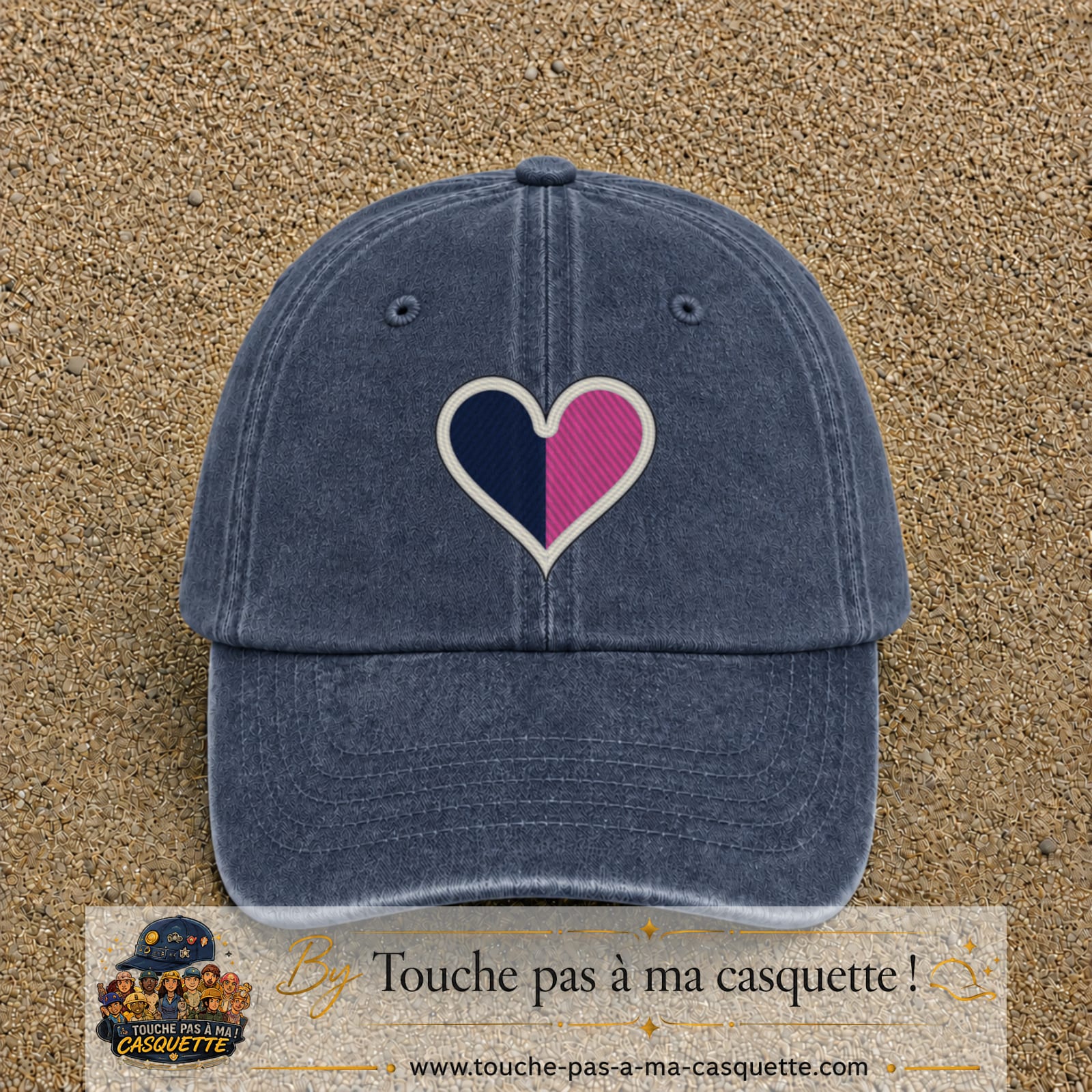 Image principale produit116grosBM - casquette Bleu marine délavé avec visuel Cœur bicolore 7 cm