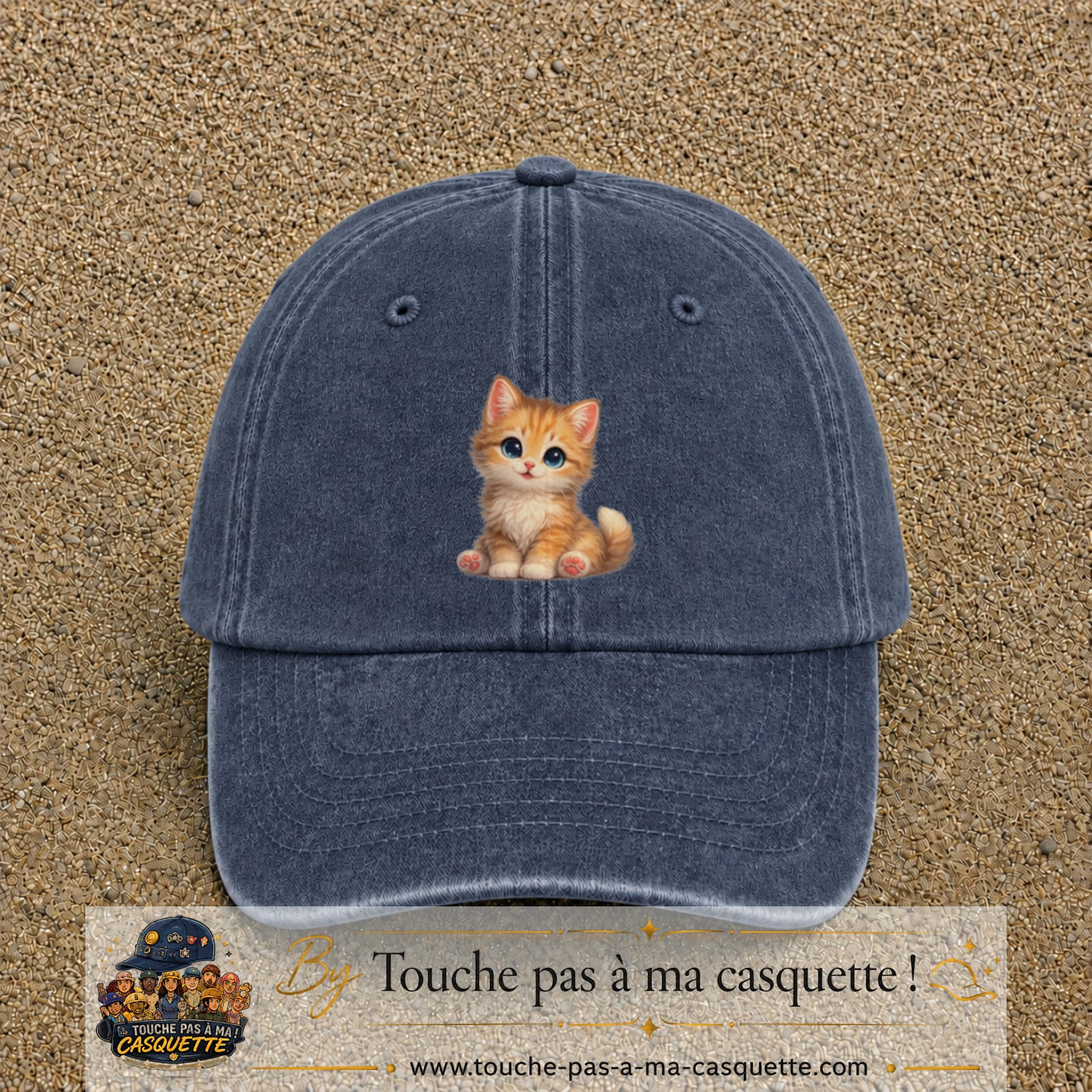 Image principale produit83grosBM - casquette Bleu marine délavé avec visuel Chaton roux 7 cm