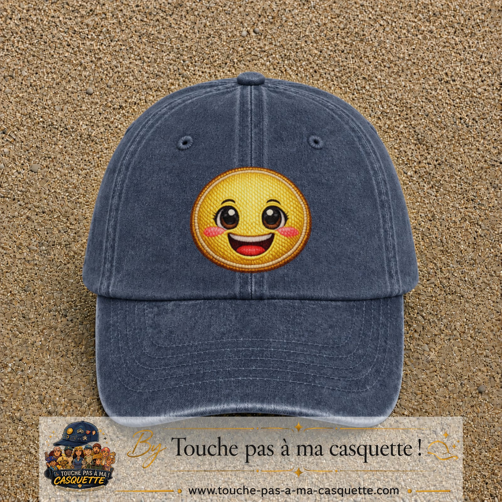 Image principale produit9grosBM - casquette Bleu marine délavé avec visuel Emoji souriant 7 cm