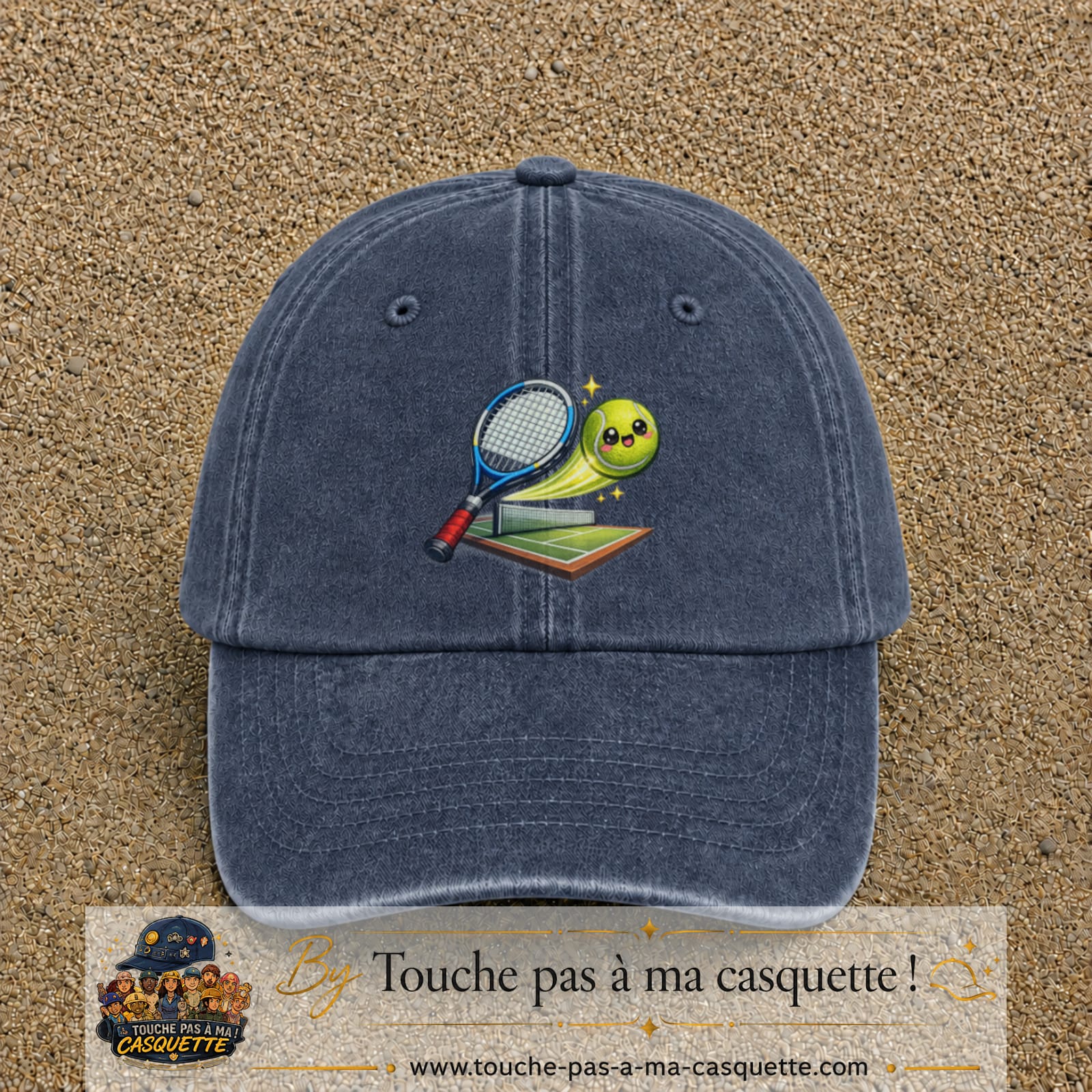 Image principale produit81grosBM - casquette Bleu marine délavé avec visuel Tennis court raquette 7 cm