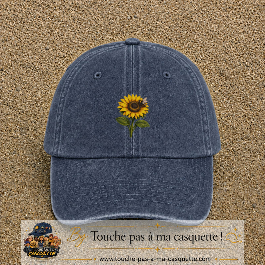 Image principale produit75moyenBM - casquette Bleu marine délavé avec visuel Tournesol abeille 5 cm