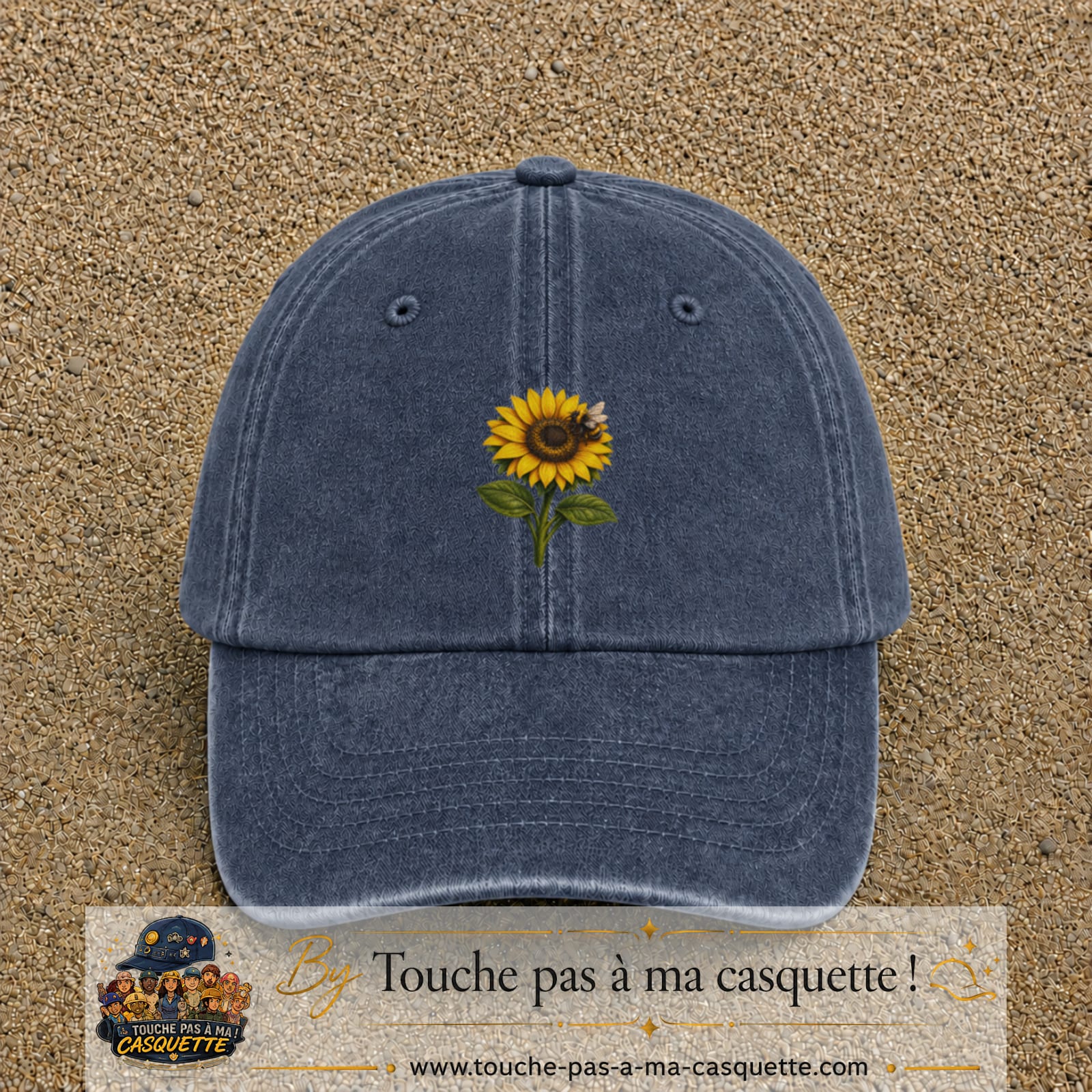 Image principale produit75moyenBM - casquette Bleu marine délavé avec visuel Tournesol abeille 5 cm