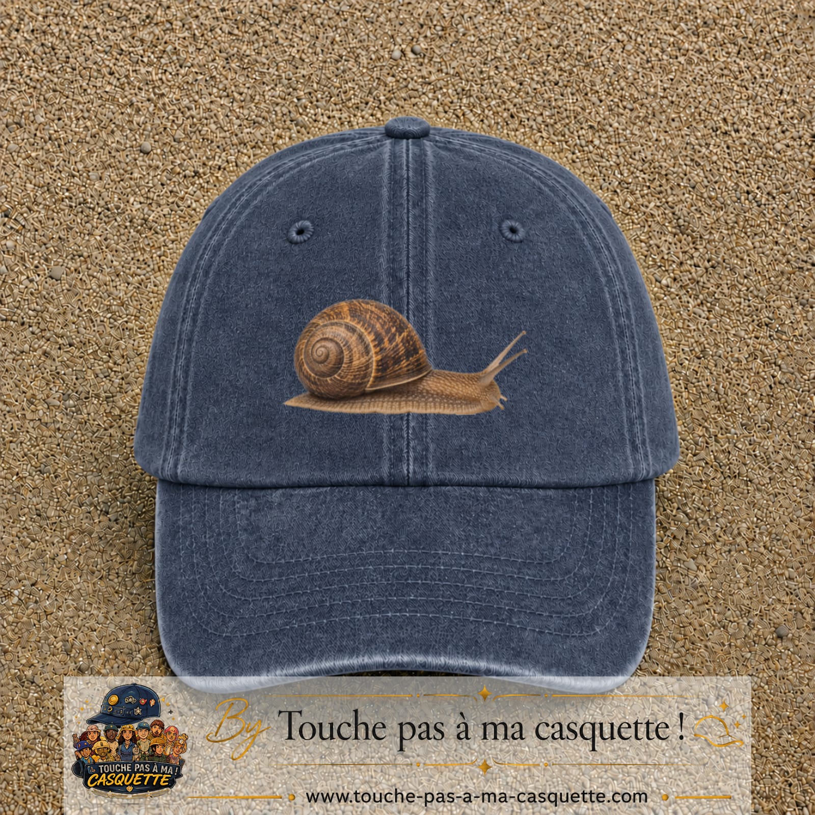 Image principale produit74moyenBM - casquette Bleu marine délavé avec visuel Escargot 5 cm