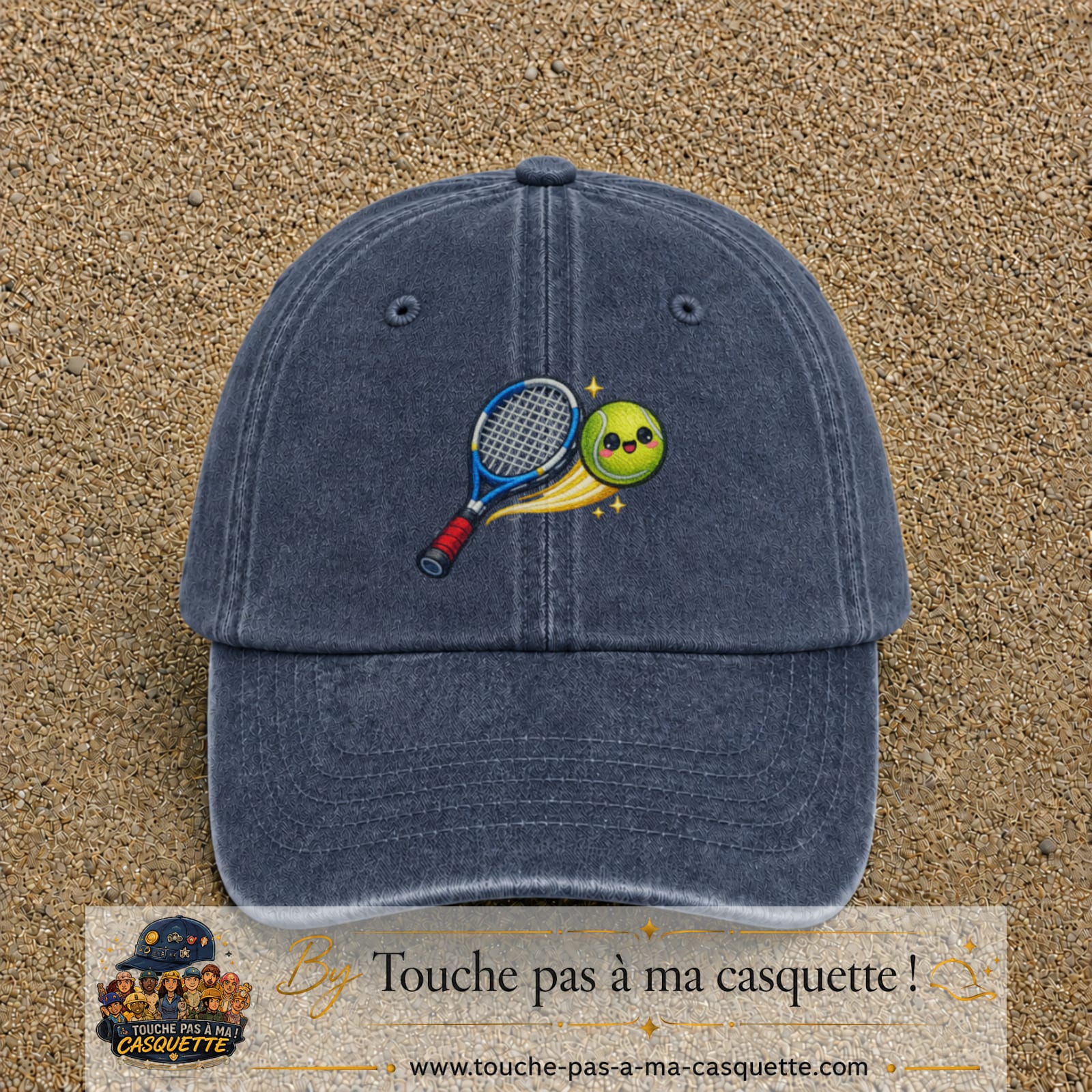 Image principale produit80grosBM - casquette Bleu marine délavé avec visuel Tennis raquette balle 7 cm