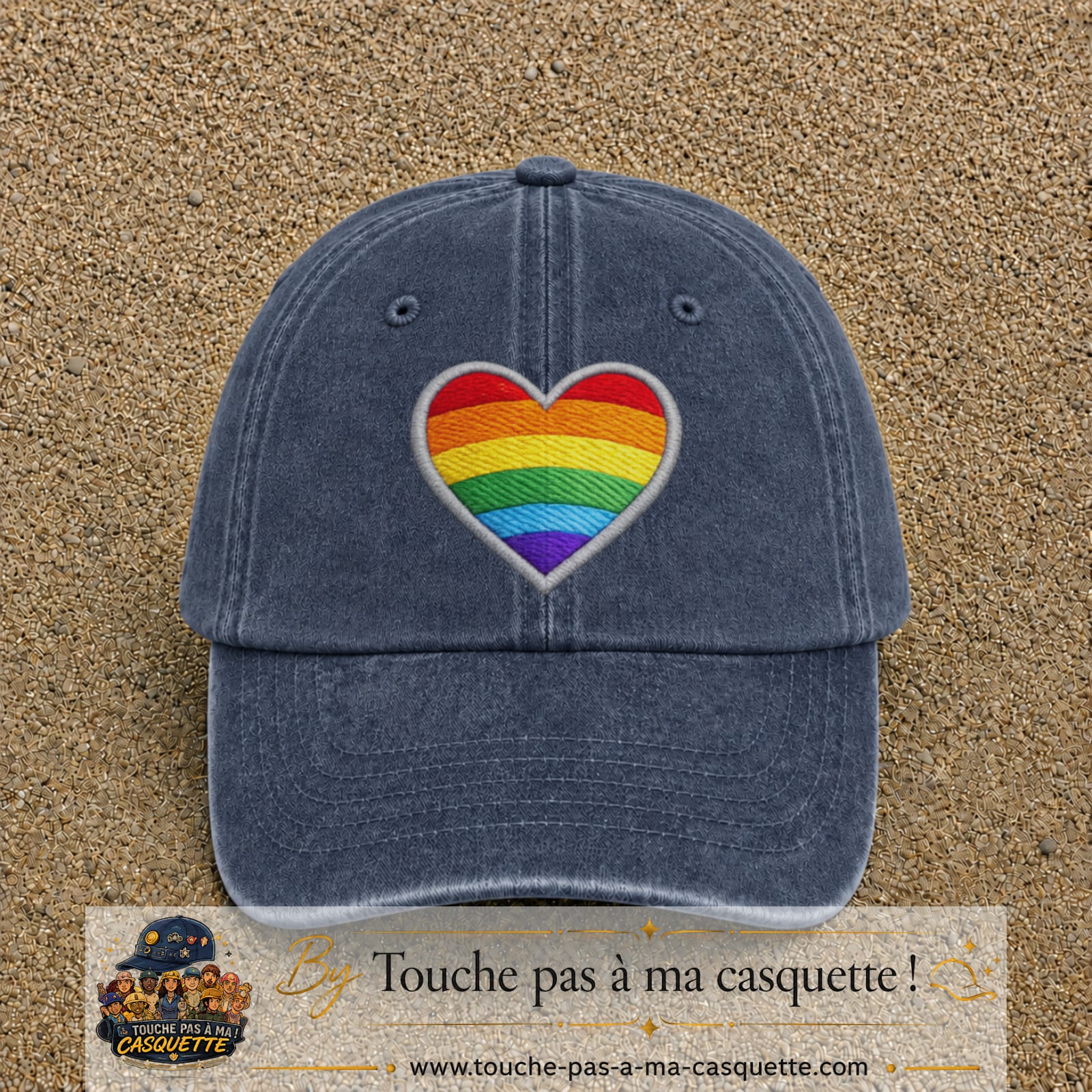 Image principale produit25grosBM - casquette Bleu marine délavé avec visuel Cœur arc-en-ciel écusson 7 cm