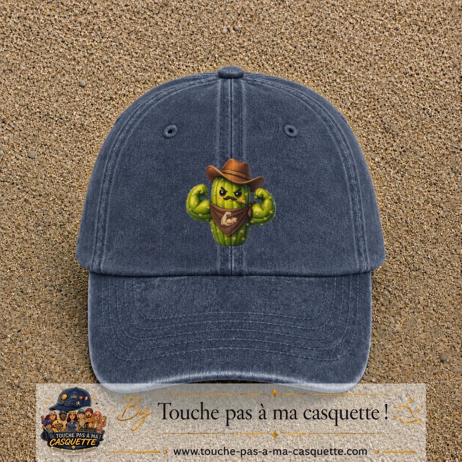 Image principale produit194grosBM - casquette Bleu marine délavé avec visuel Cactus cowboy 7 cm