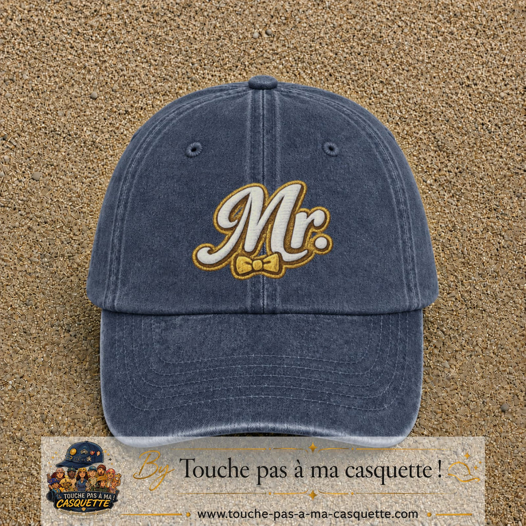 Image principale produit110grosBM - casquette Bleu marine délavé avec visuel Mr élégant 7 cm