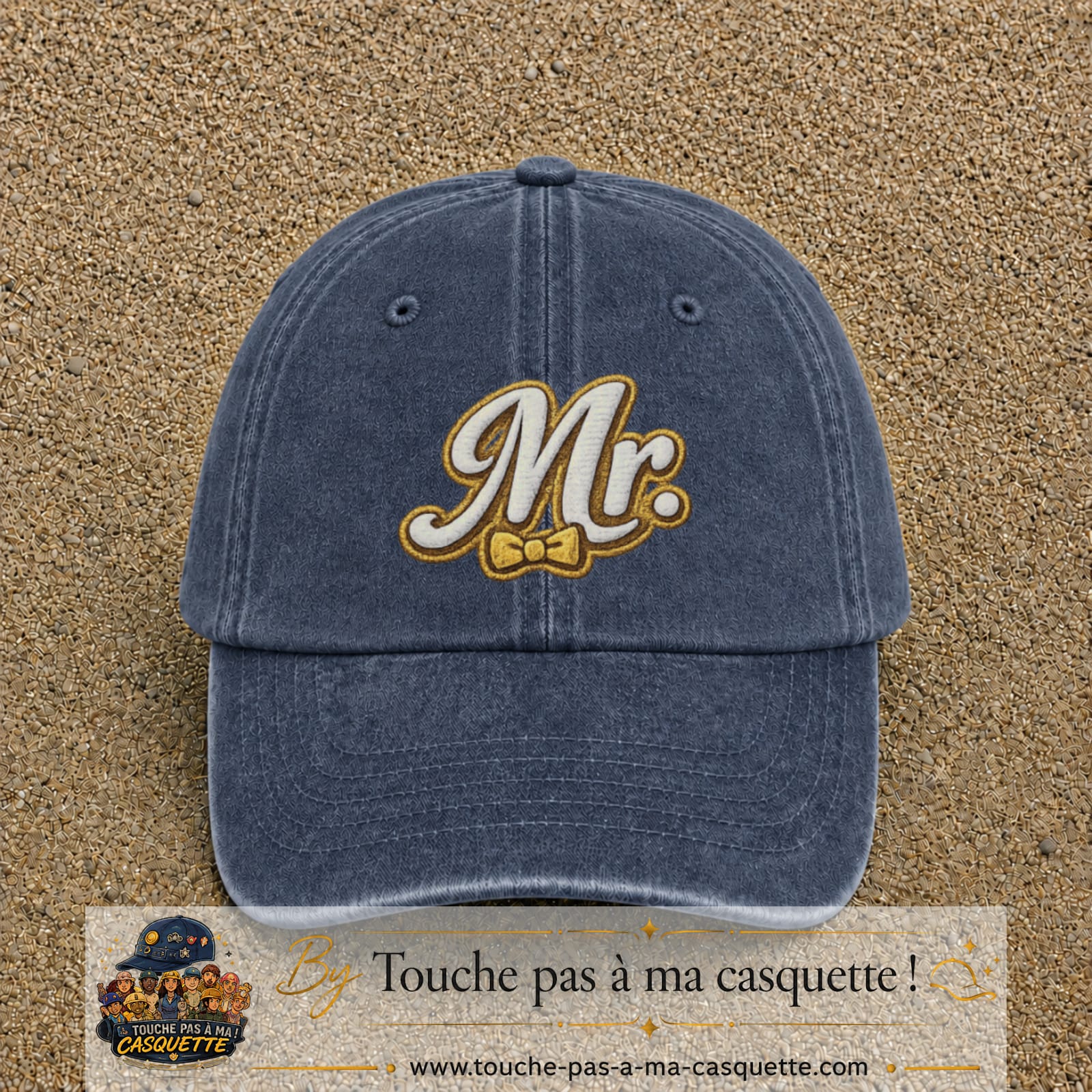 Image principale produit110grosBM - casquette Bleu marine délavé avec visuel Mr élégant 7 cm