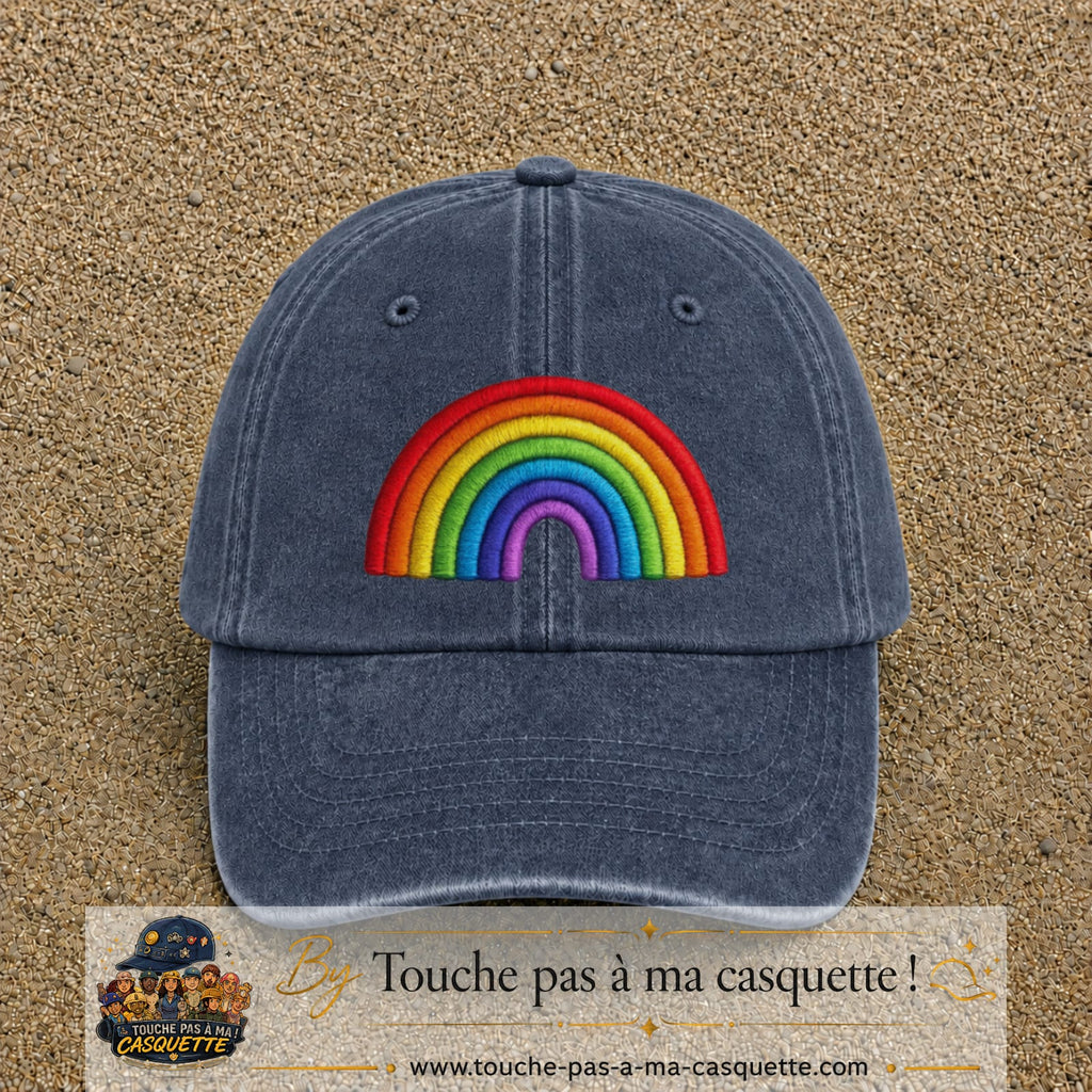 Image principale produit24grosBM - casquette Bleu marine délavé avec visuel Arc-en-ciel 7 cm