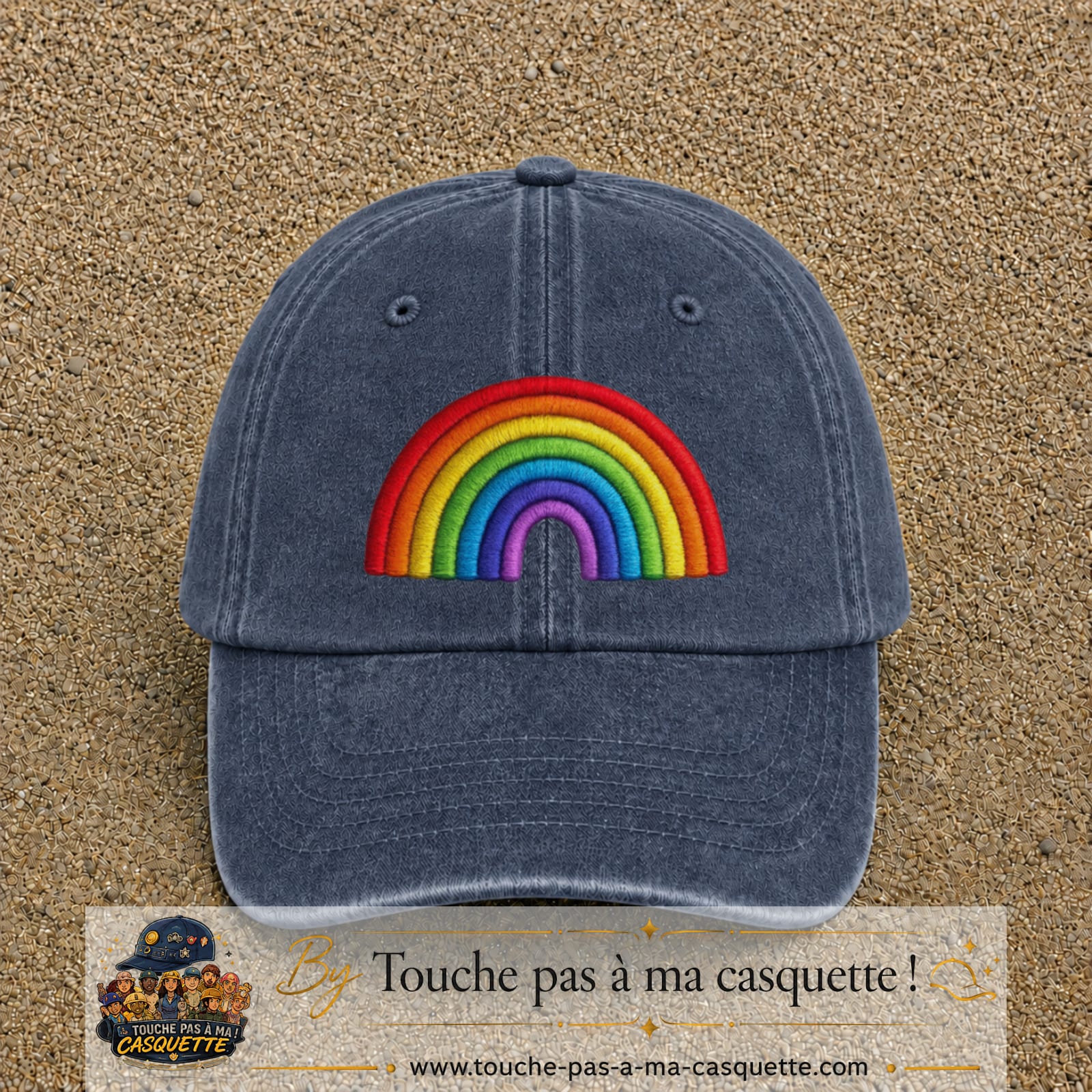 Image principale produit24grosBM - casquette Bleu marine délavé avec visuel Arc-en-ciel 7 cm