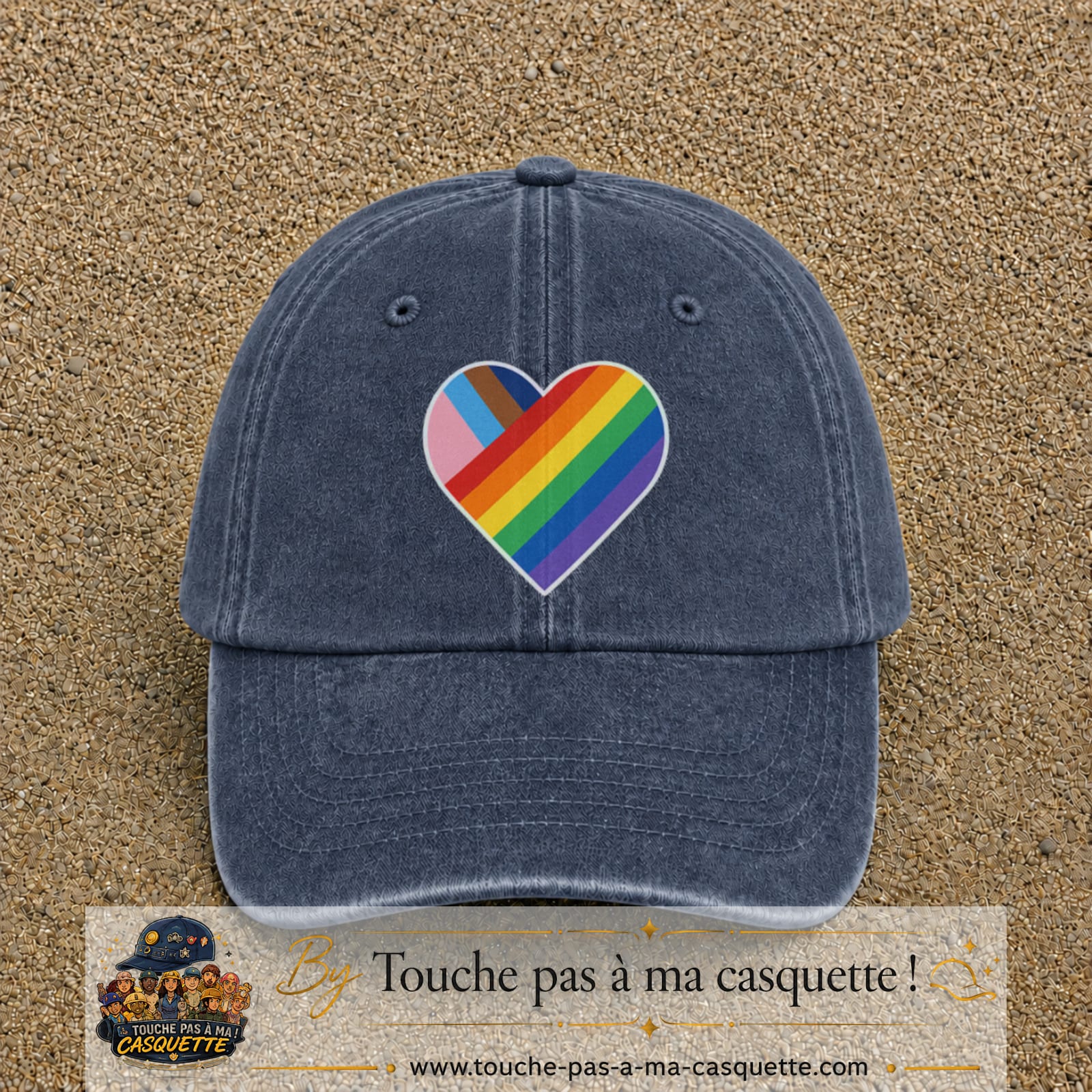 Image principale produit23grosBM - casquette Bleu marine délavé avec visuel Cœur arc-en-ciel 7 cm