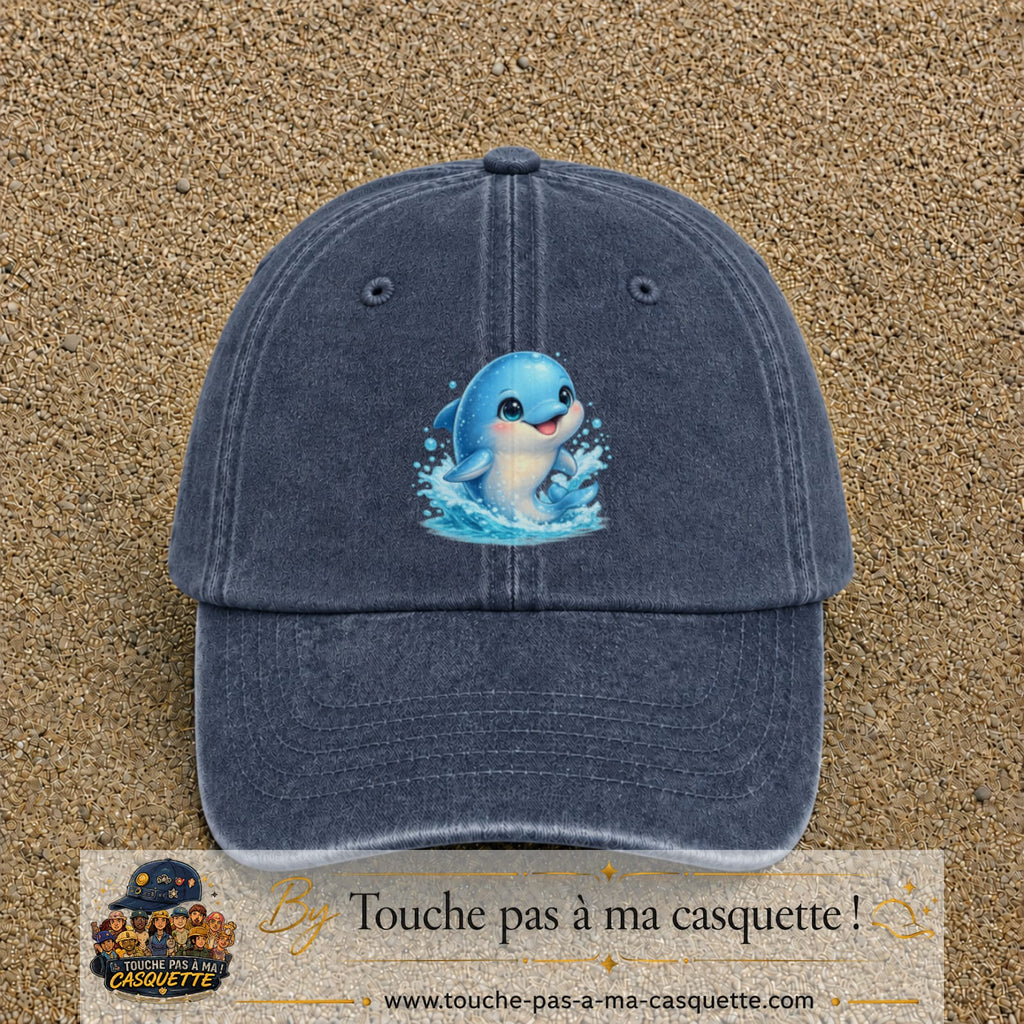 Image principale produit85grosBM - casquette Bleu marine délavé avec visuel Dauphin 7 cm