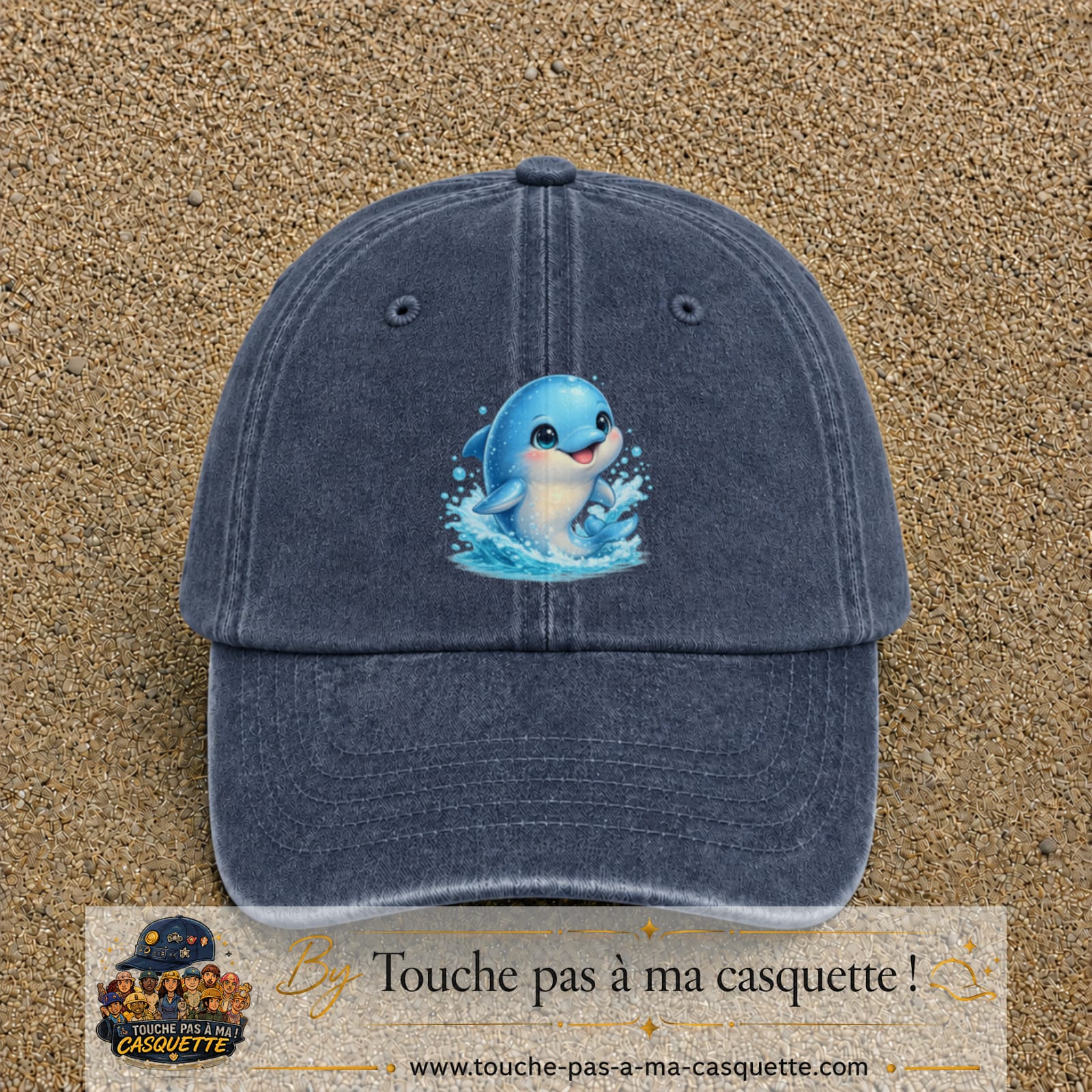 Image principale produit85grosBM - casquette Bleu marine délavé avec visuel Dauphin 7 cm