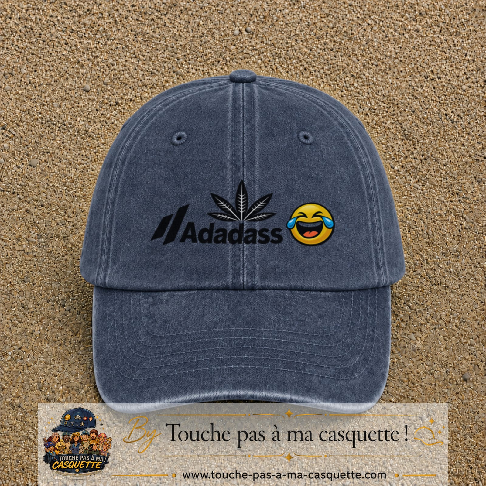 Image principale produit37moyenBM - casquette Bleu marine délavé avec visuel Adadass emoji rieur 5 cm