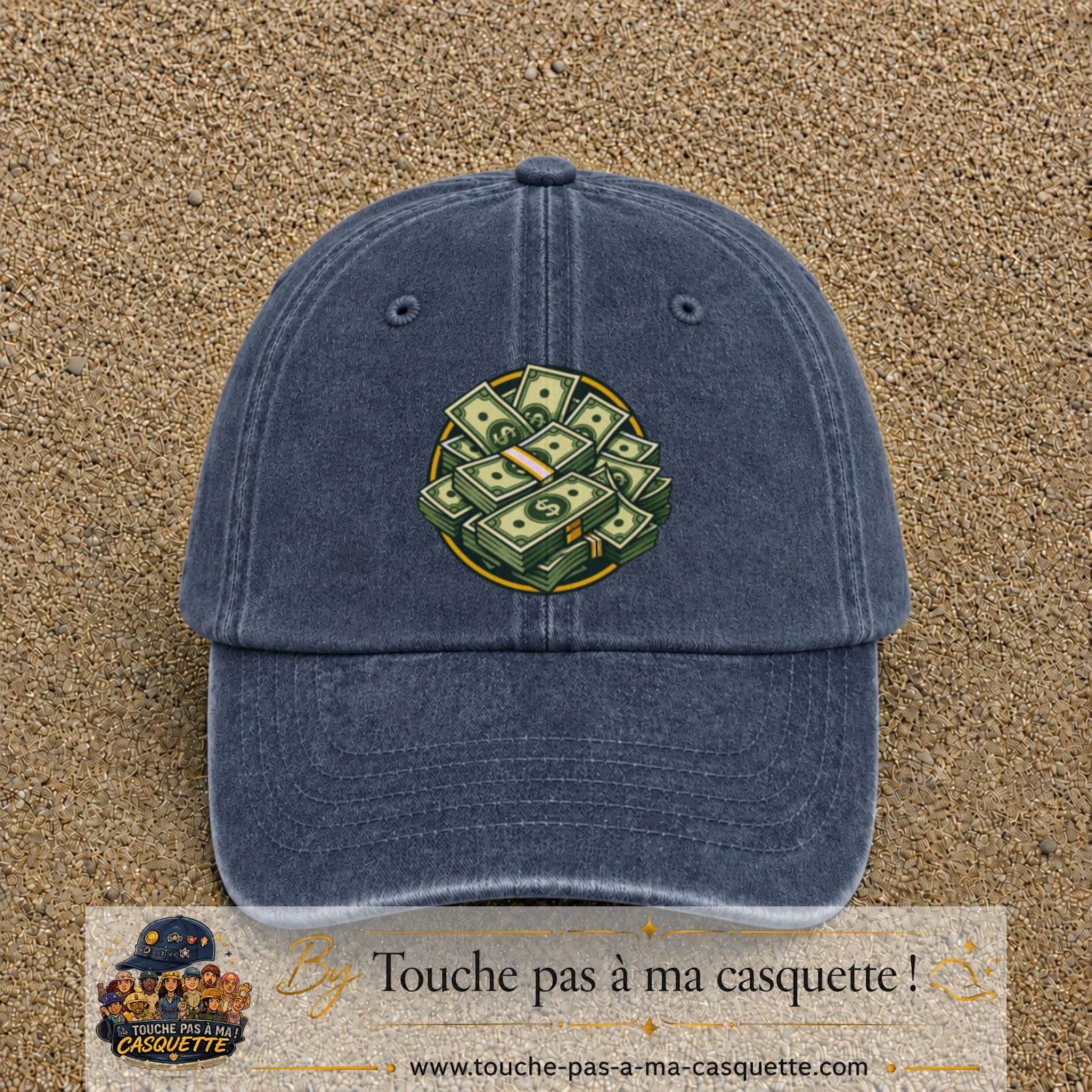 Image principale produit61grosBM - casquette Bleu marine délavé avec visuel Liasses de billets 7 cm
