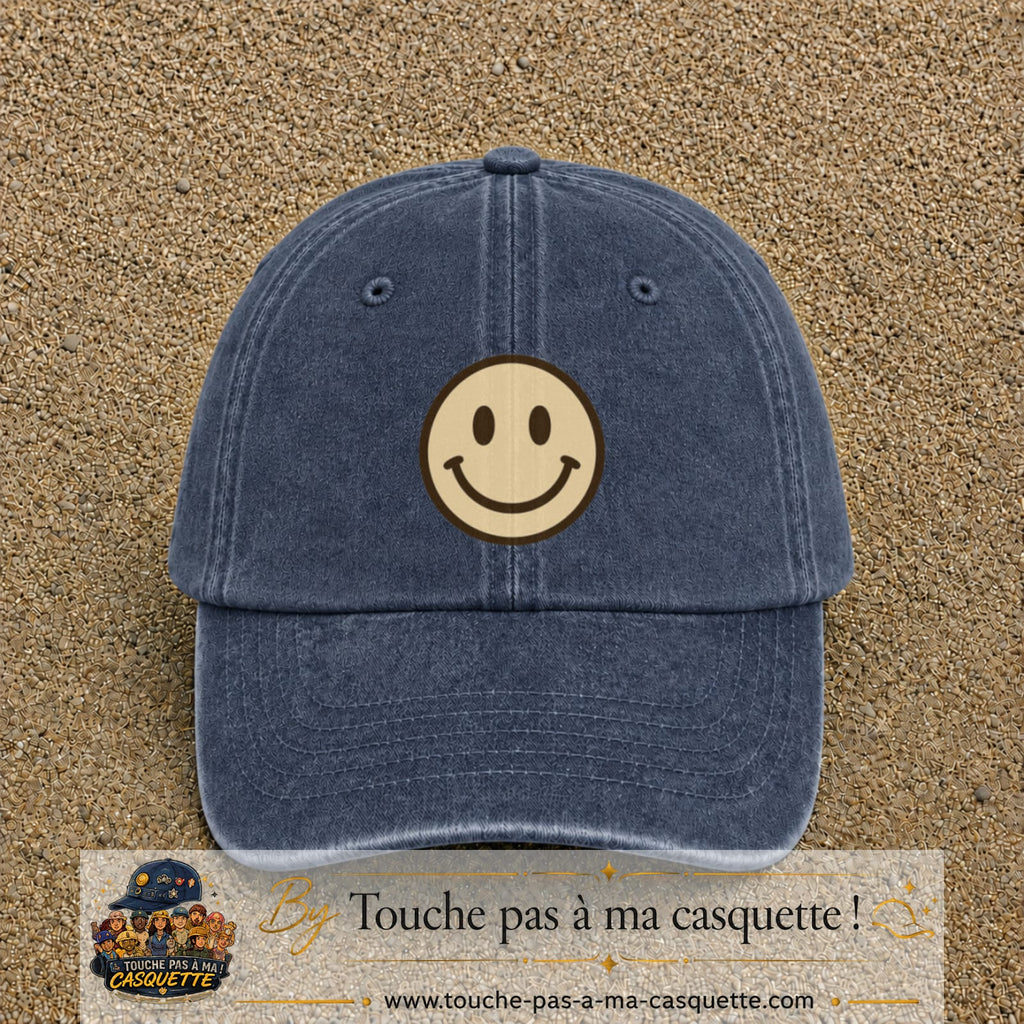Image principale produit178grosBM - casquette Bleu marine délavé avec visuel Smiley 7 cm