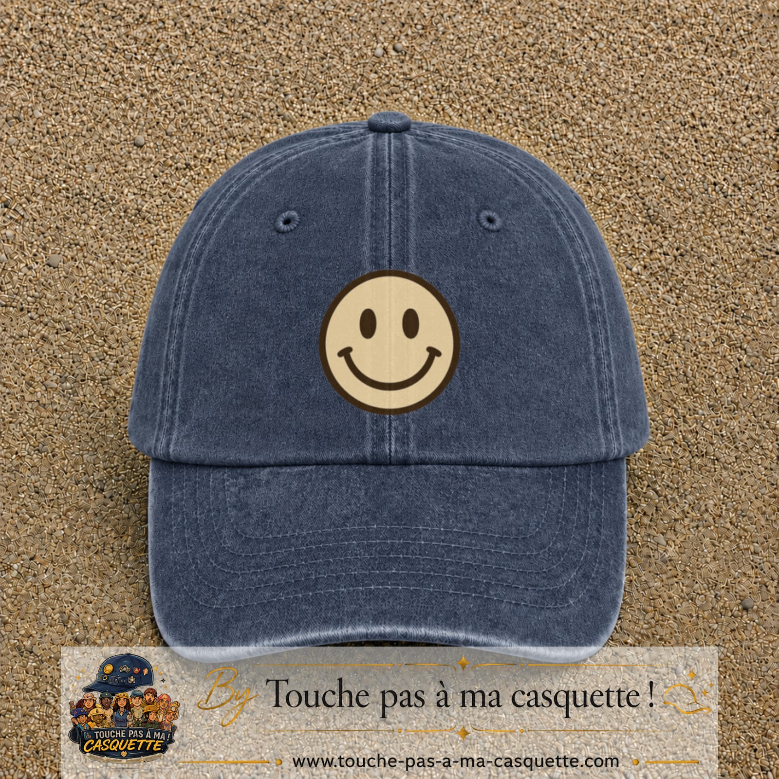 Image principale produit178grosBM - casquette Bleu marine délavé avec visuel Smiley 7 cm