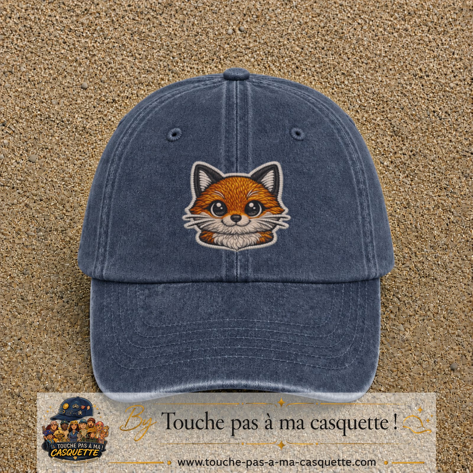 Image principale produit52grosBM - casquette Bleu marine délavé avec visuel Renard tête 7 cm