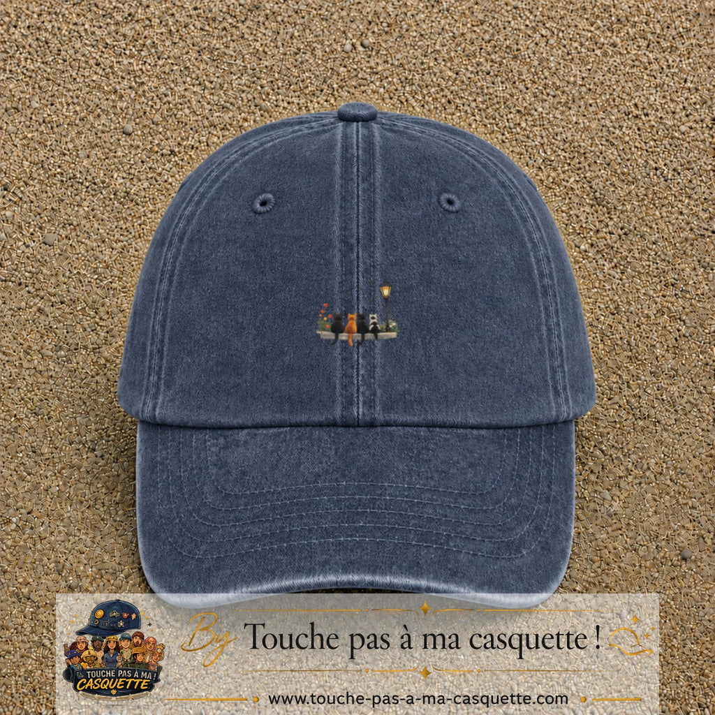 Image principale produit35petitBM - casquette Bleu marine délavé avec visuel Chats noirs banc automne 3 cm