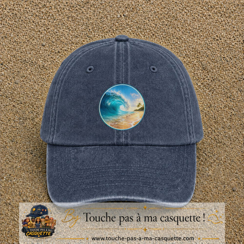 Image principale produit175grosBM - casquette Bleu marine délavé avec visuel Vague plage 7 cm