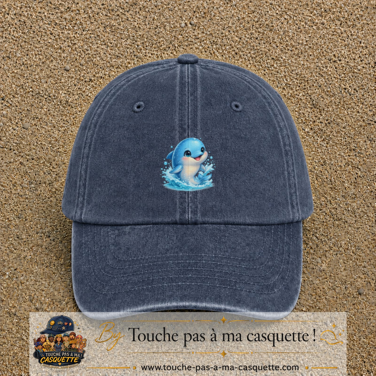 Image principale produit85moyenBM - casquette Bleu marine délavé avec visuel Dauphin 5 cm