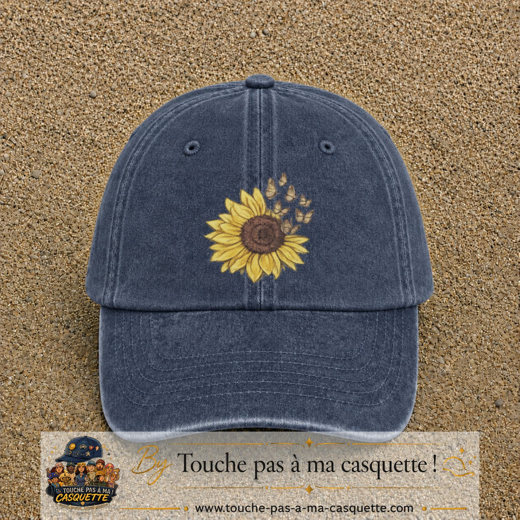 Image principale produit15grosBM - casquette Bleu marine délavé avec visuel Tournesol mandala 7 cm