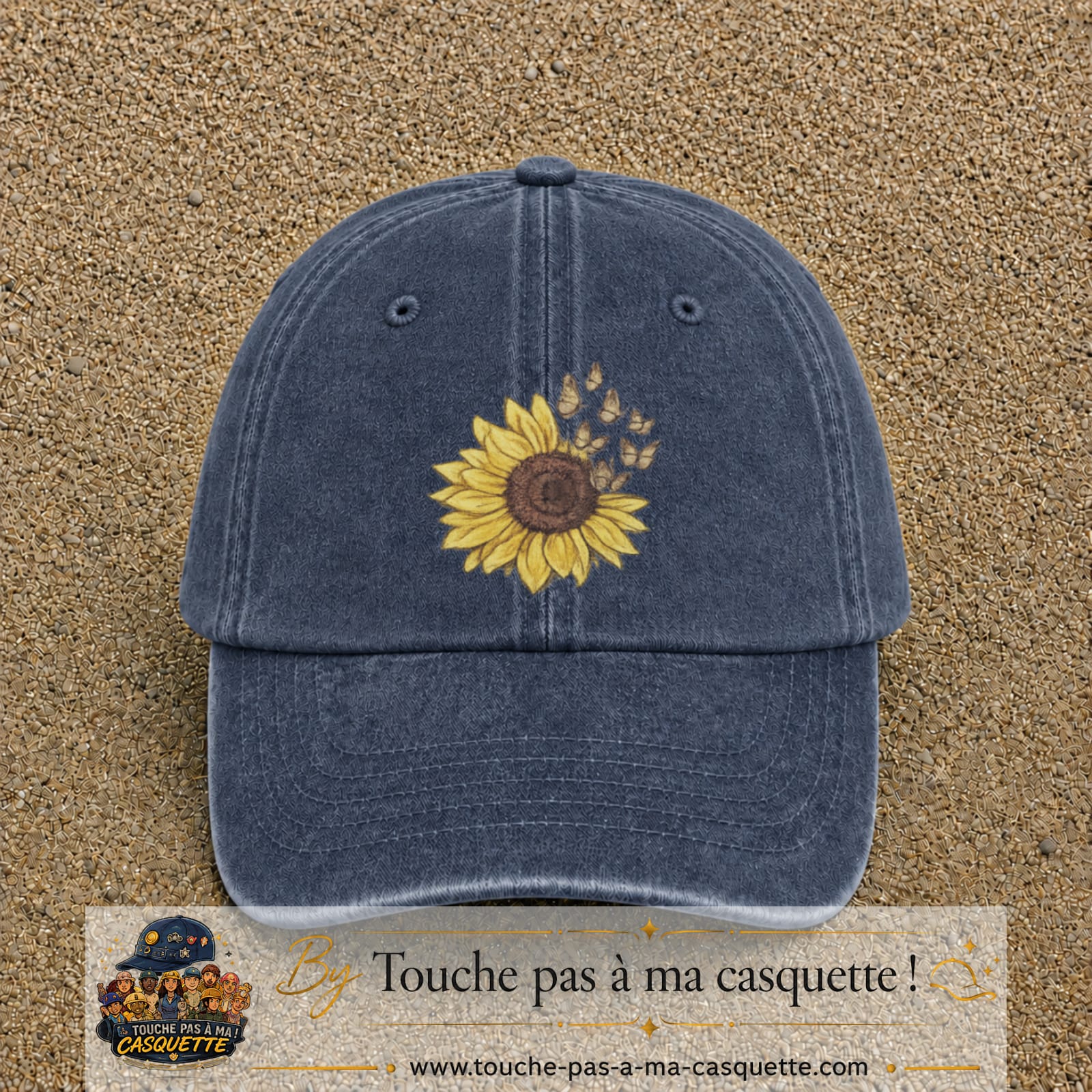 Image principale produit15grosBM - casquette Bleu marine délavé avec visuel Tournesol mandala 7 cm