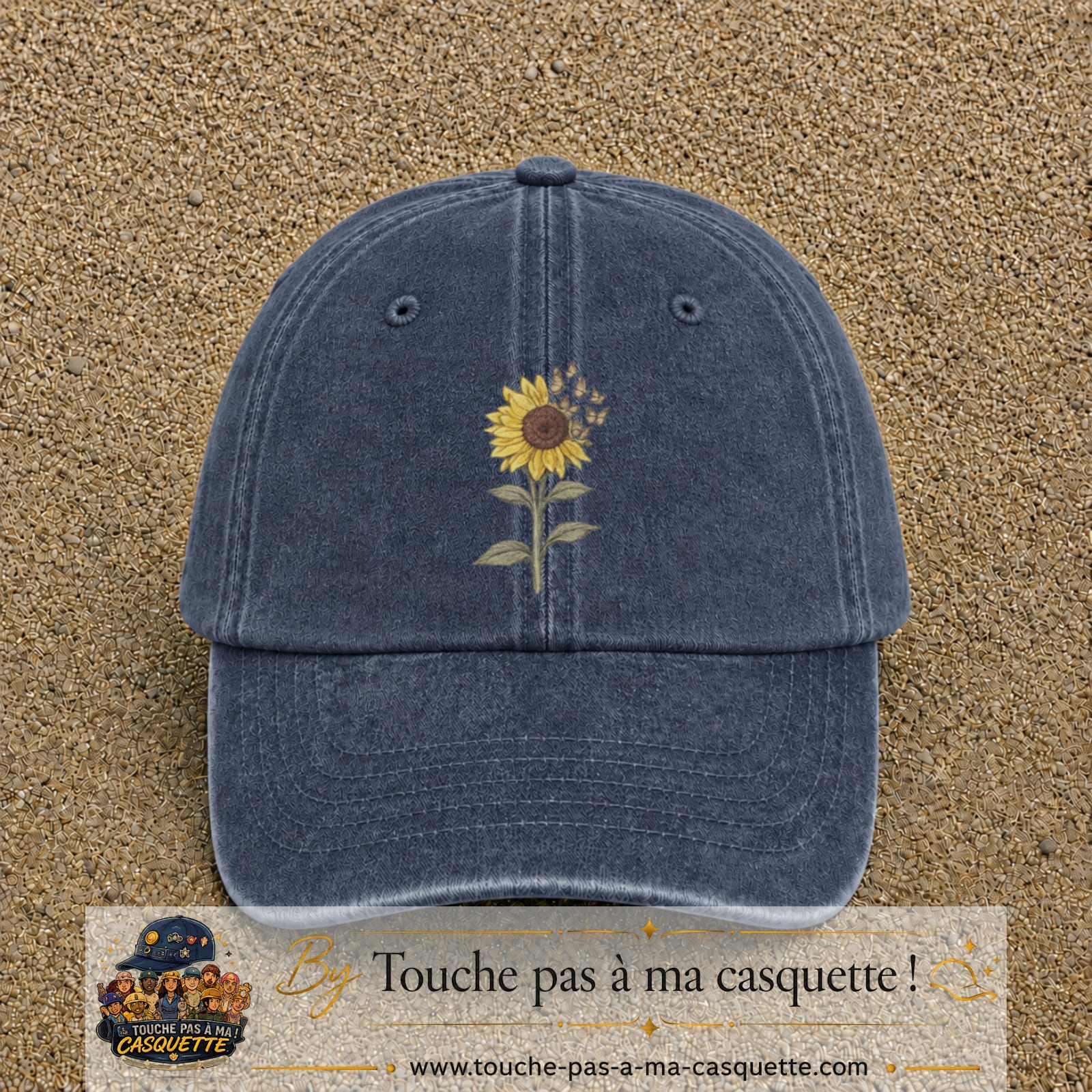 Image principale produit13grosBM - casquette Bleu marine délavé avec visuel Tournesol bohème 7 cm