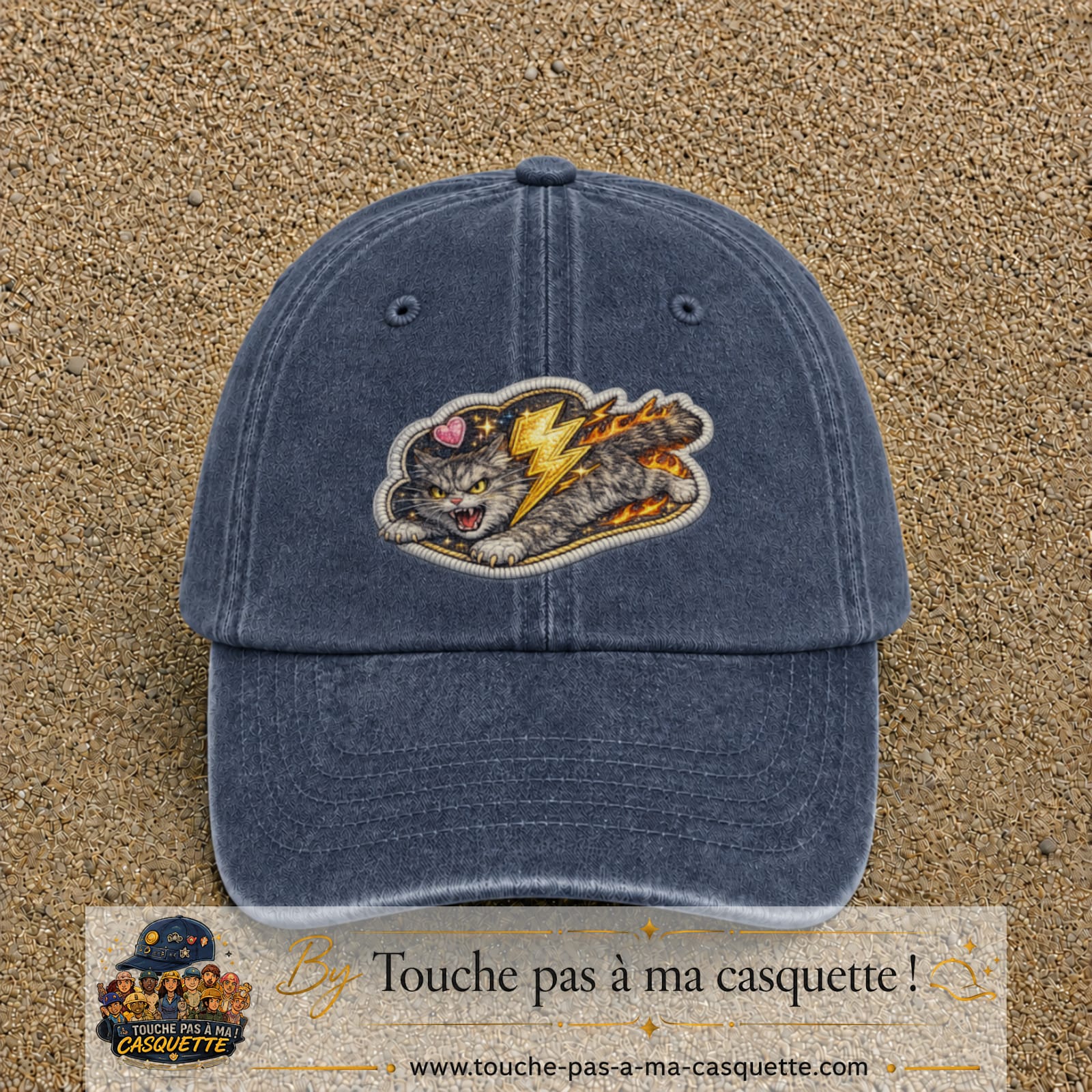 Image principale produit78grosBM - casquette Bleu marine délavé avec visuel Chat éclair 7 cm