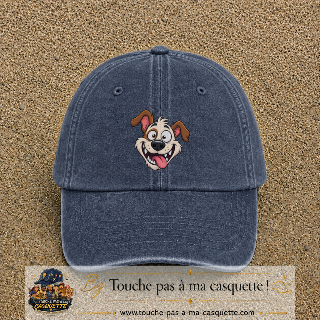Image principale produit181grosBM - casquette Bleu marine délavé avec visuel Chien souriant 7 cm