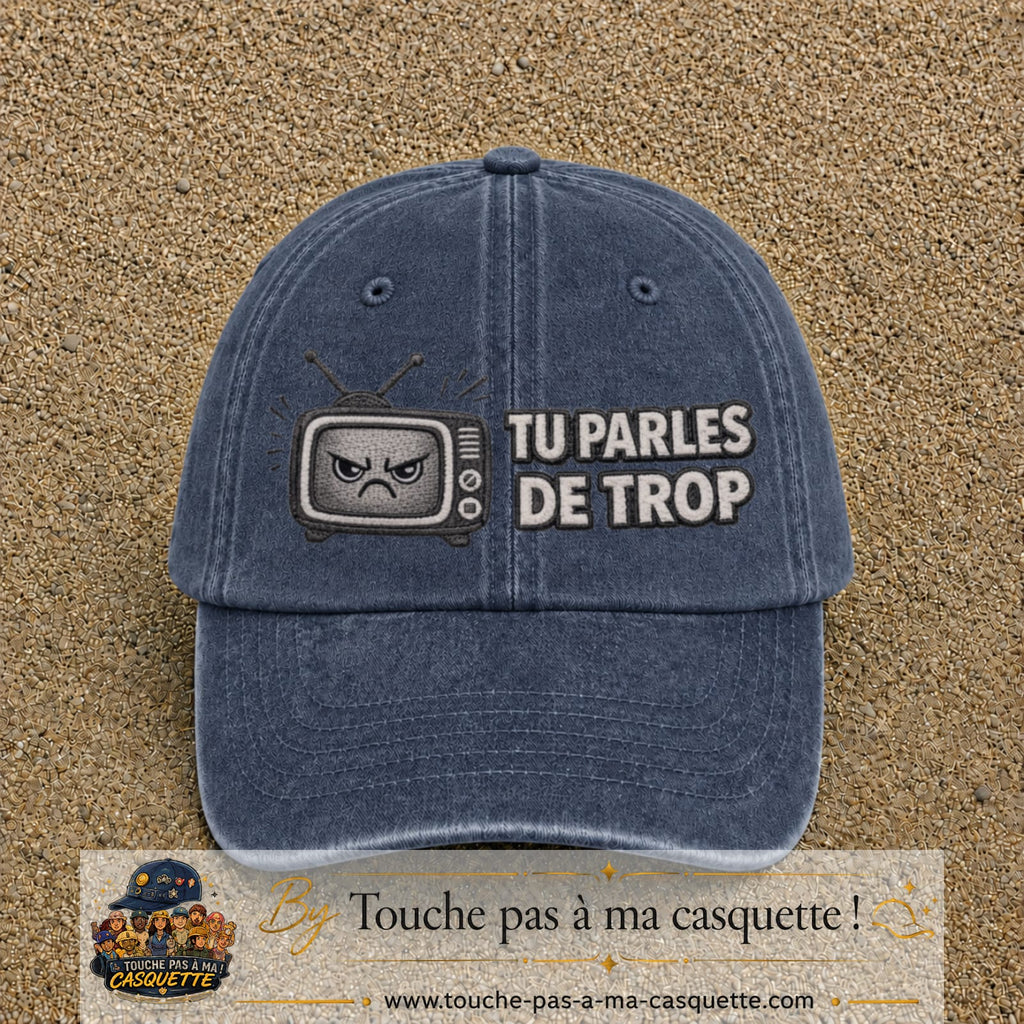 Image principale produit119grosBM - casquette Bleu marine délavé avec visuel Télé tu parles trop 7 cm