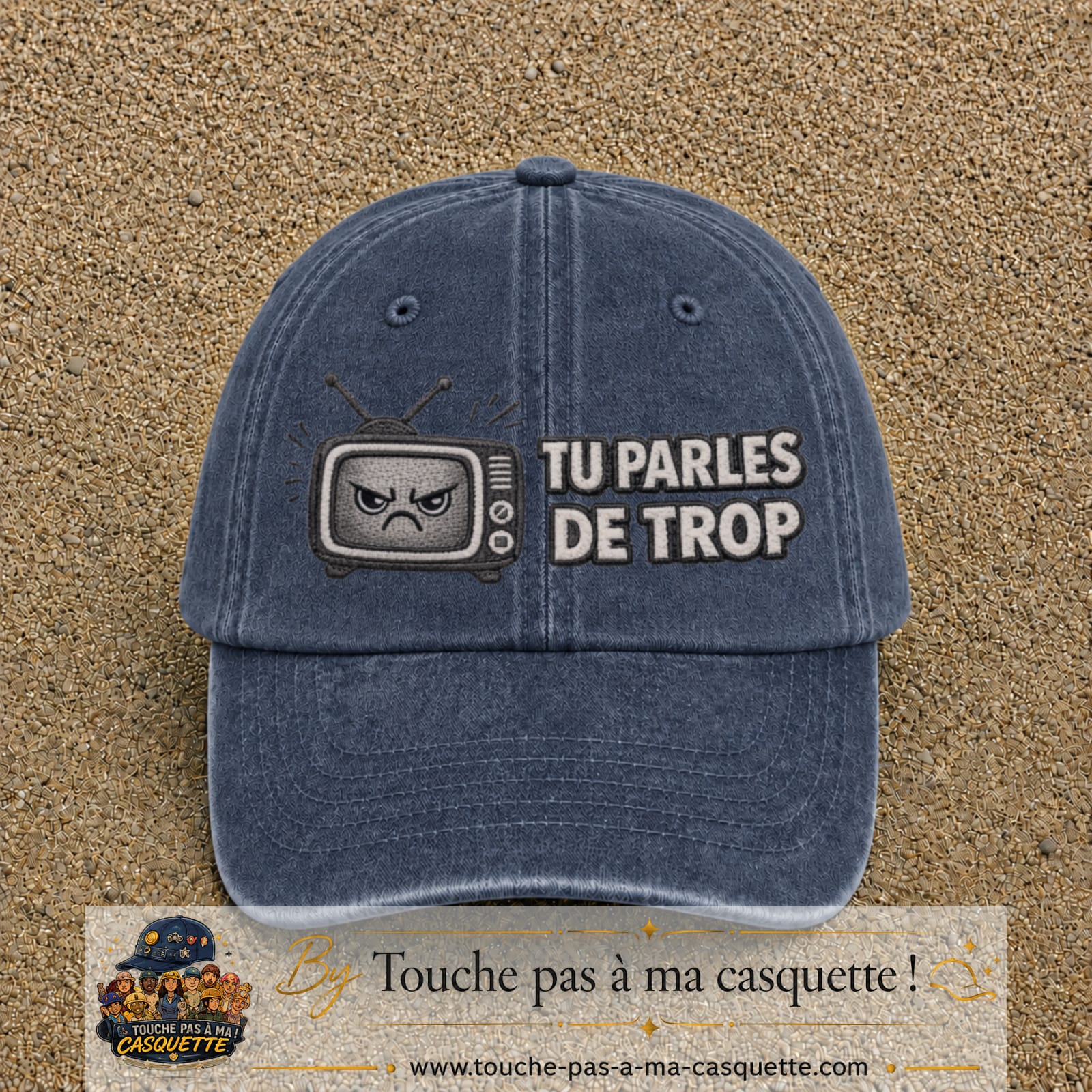 Image principale produit119grosBM - casquette Bleu marine délavé avec visuel Télé tu parles trop 7 cm