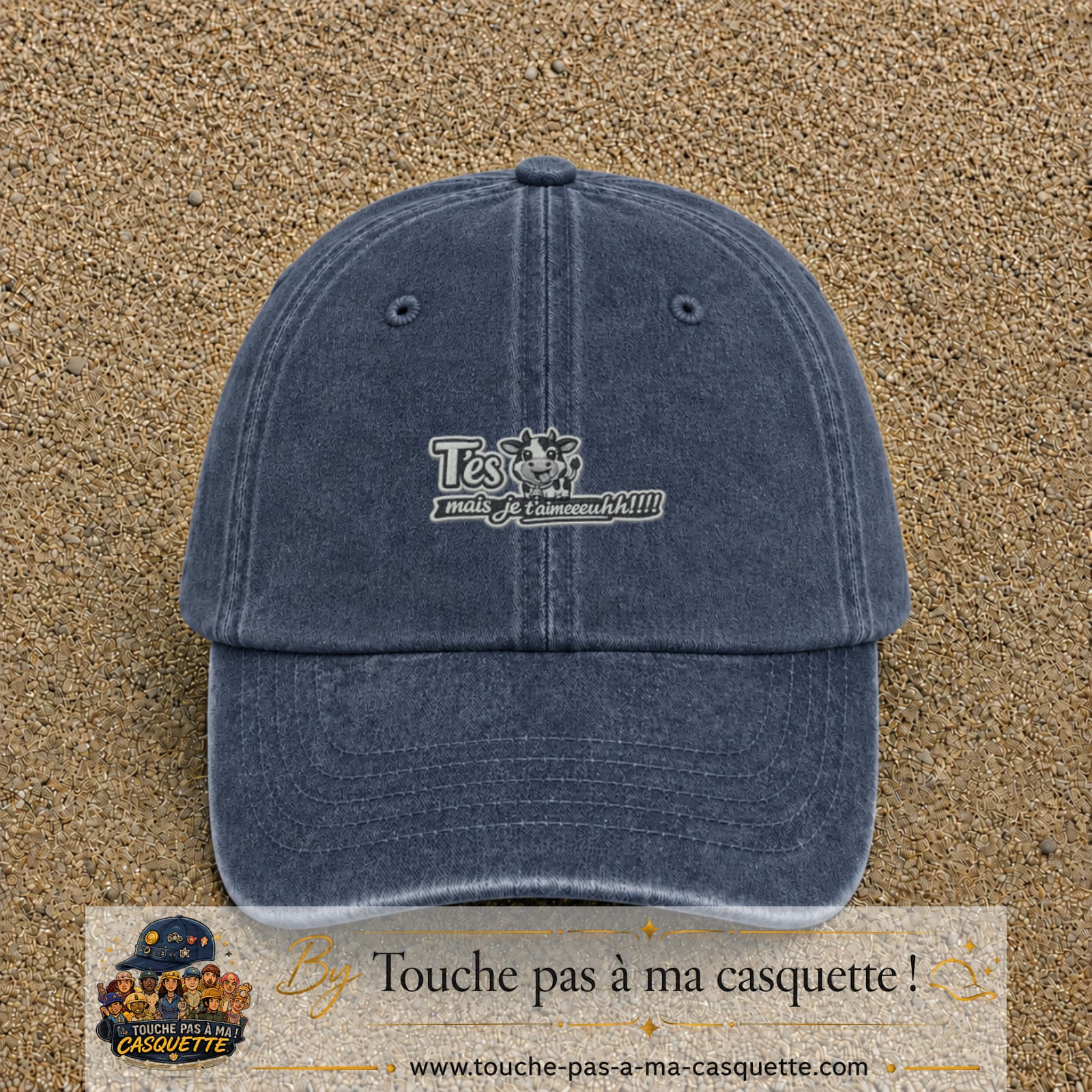 Image principale produit122petitBM - casquette Bleu marine délavé avec visuel Vache message français 3 cm