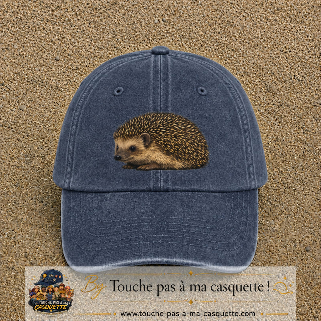 Image principale produit192grosBM - casquette Bleu marine délavé avec visuel Hérisson réaliste 7 cm