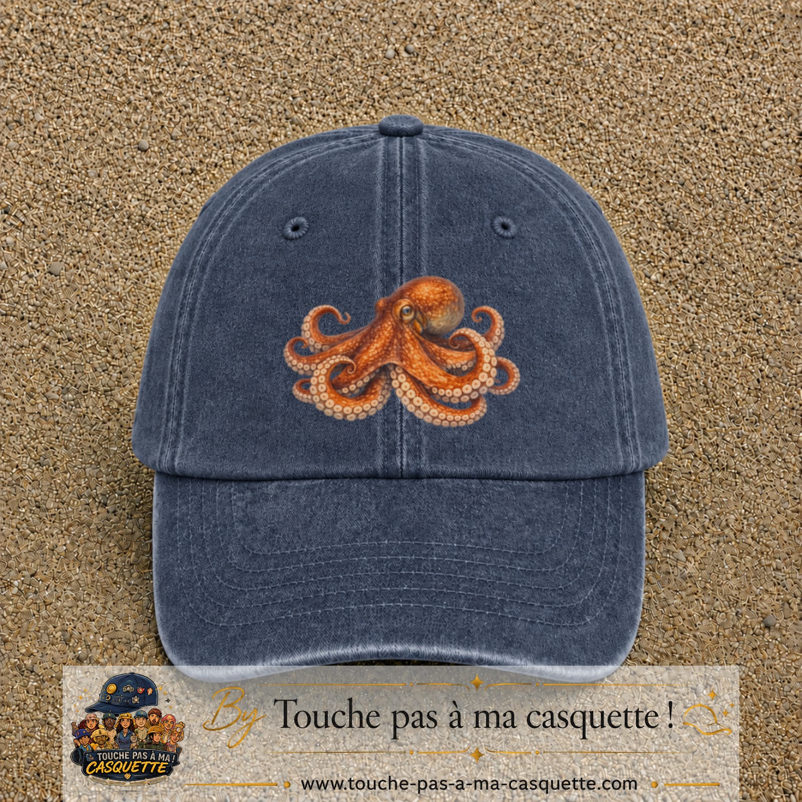 Image principale produit71grosBM - casquette Bleu marine délavé avec visuel Pieuvre 7 cm