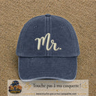 Image principale produit111grosBM - casquette Bleu marine délavé avec visuel Mr blanc 7 cm