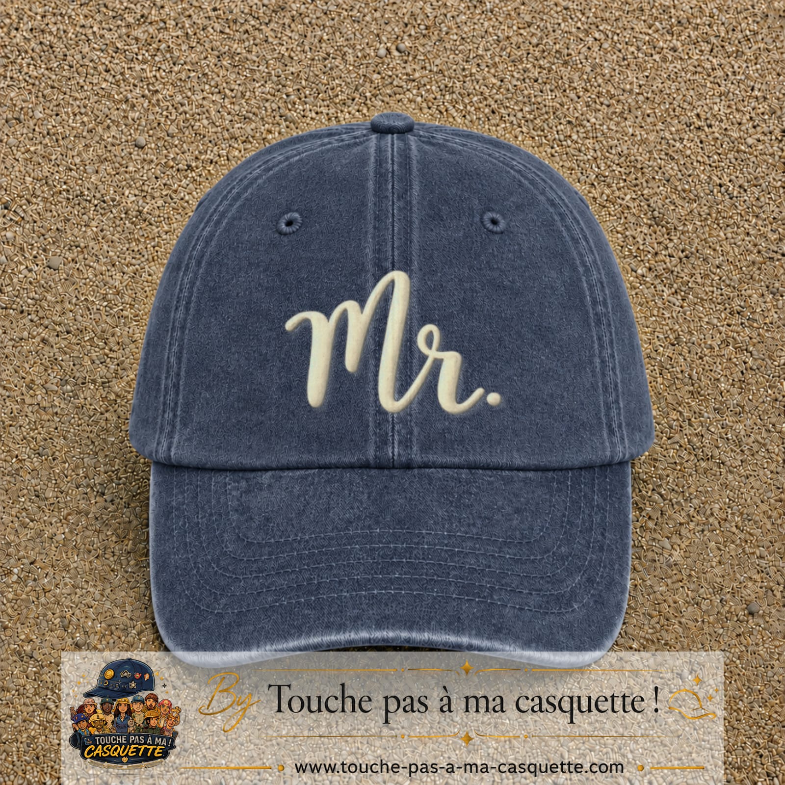Image principale produit111grosBM - casquette Bleu marine délavé avec visuel Mr blanc 7 cm