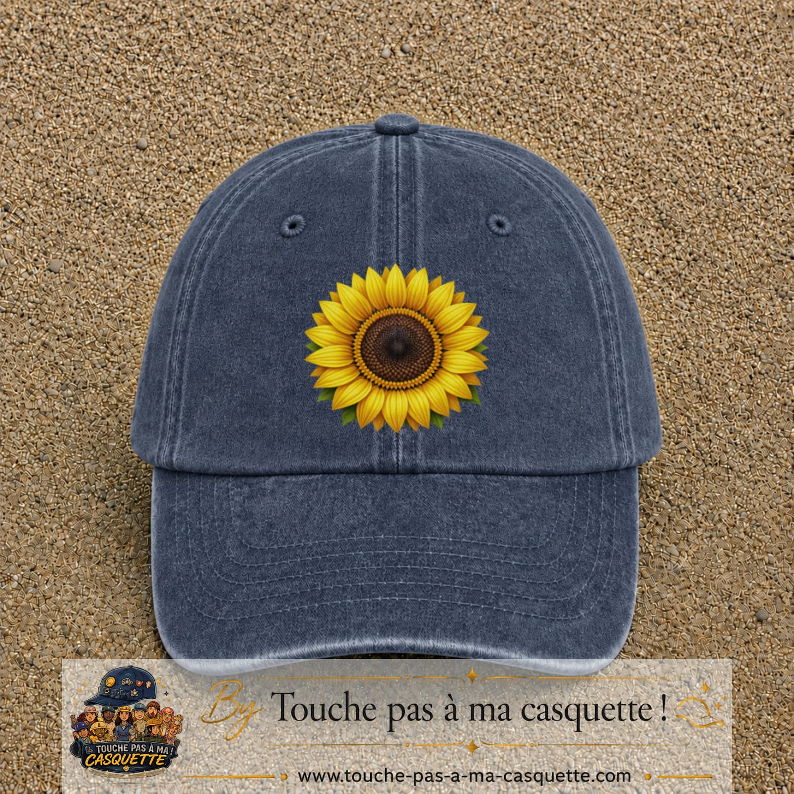 Image principale produit11grosBM - casquette Bleu marine délavé avec visuel Tournesol 7 cm