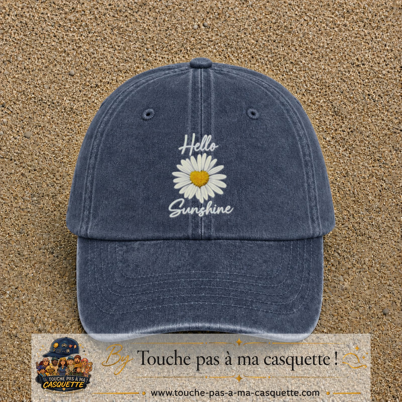 Image principale produit29grosBM - casquette Bleu marine délavé avec visuel Hello sunshine marguerite blanc 7 cm