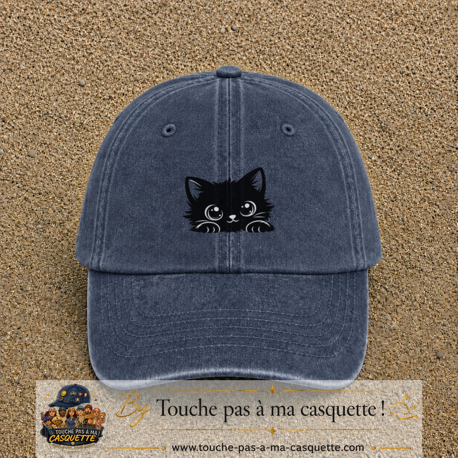 Image principale produit6moyenBM - casquette Bleu marine délavé avec visuel Chat noir adorable 5 cm