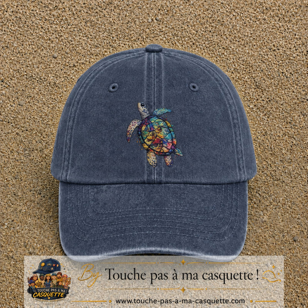 Image principale produit17grosBM - casquette Bleu marine délavé avec visuel Tortue colorée 7 cm