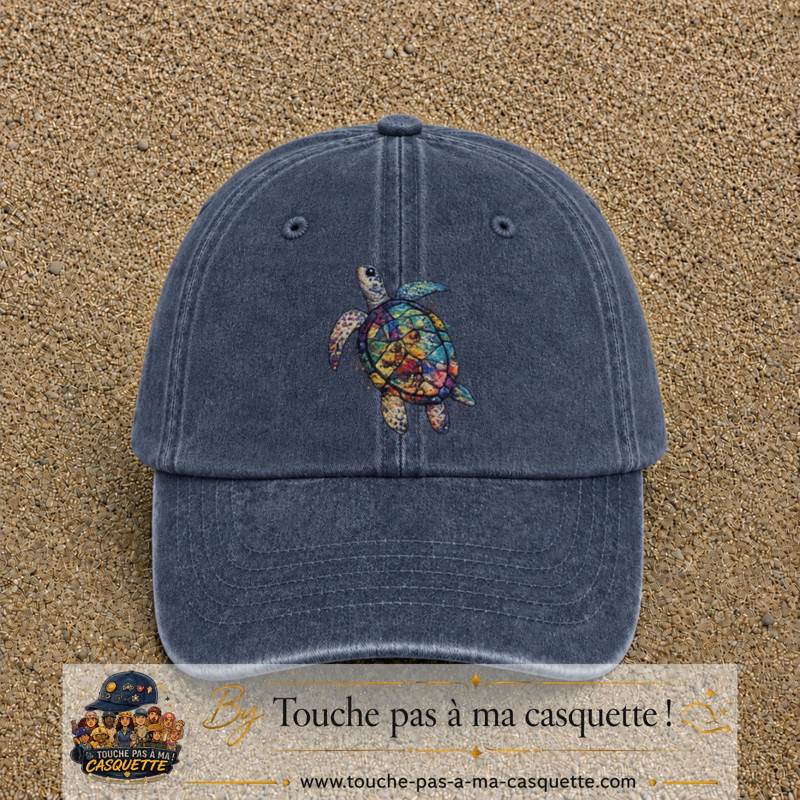 Image principale produit17grosBM - casquette Bleu marine délavé avec visuel Tortue colorée 7 cm