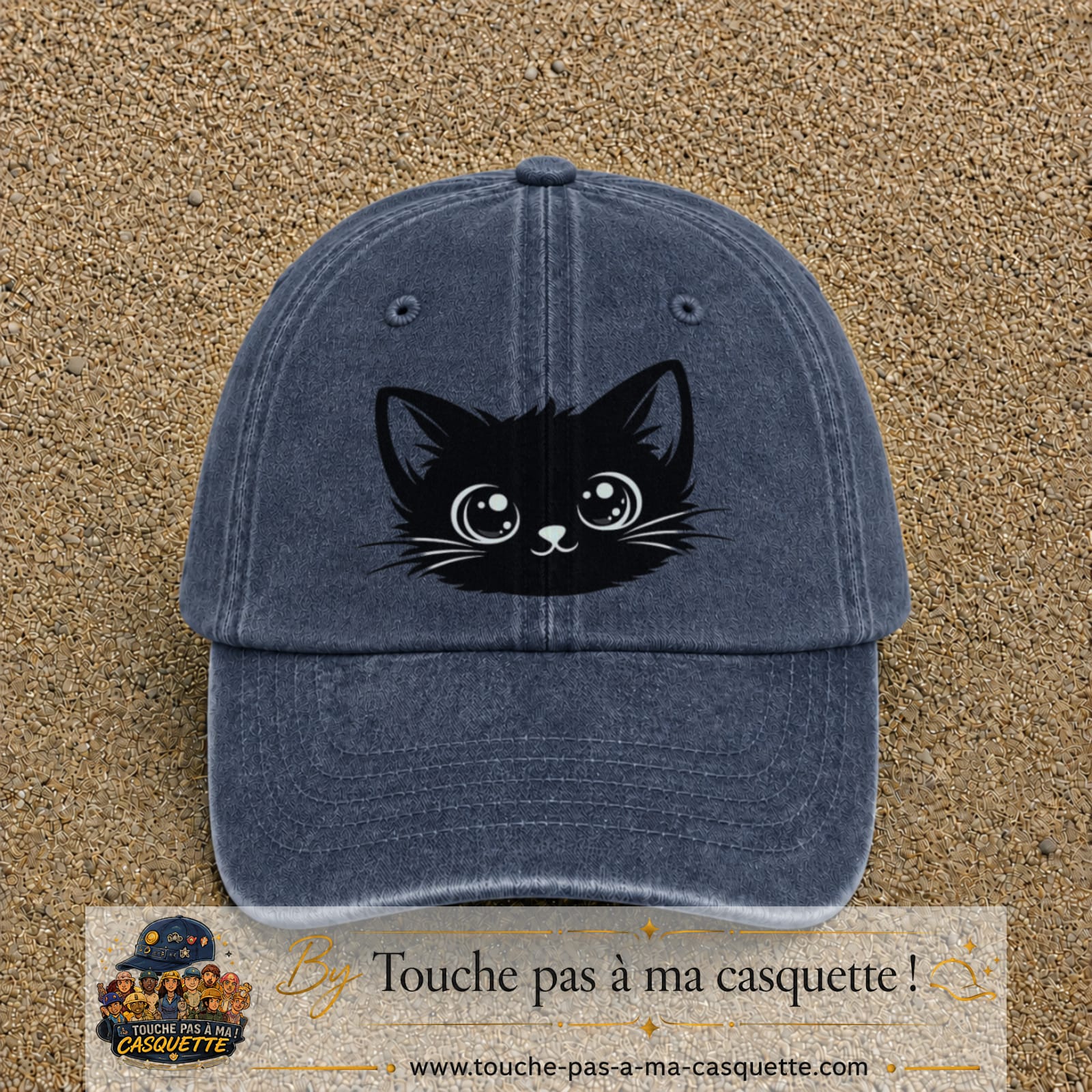 Image principale produit2grosBM - casquette Bleu marine délavé avec visuel Chat noir yeux ronds 7 cm