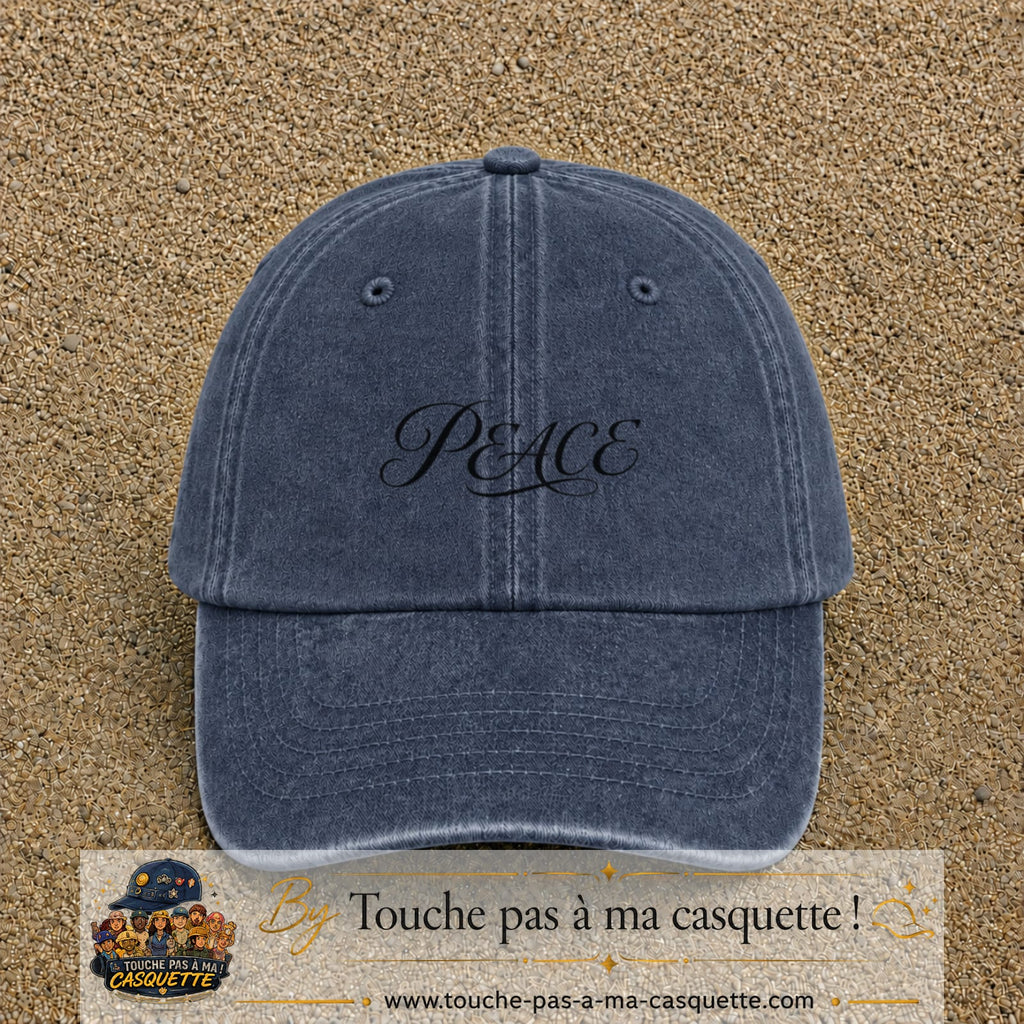Image principale produit132petitBM - casquette Bleu marine délavé avec visuel Peace calligraphie 3 cm