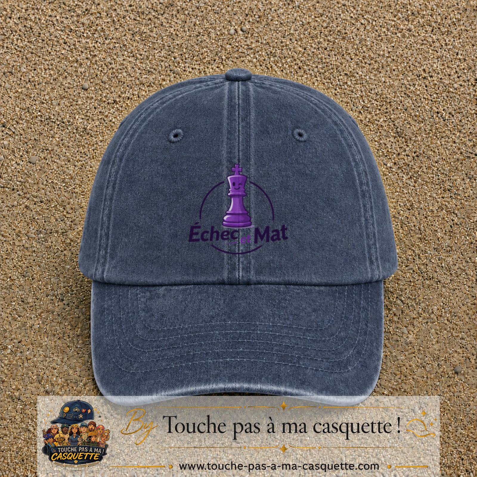 Image principale produit134grosBM - casquette Bleu marine délavé avec visuel Échec mat couronne 7 cm