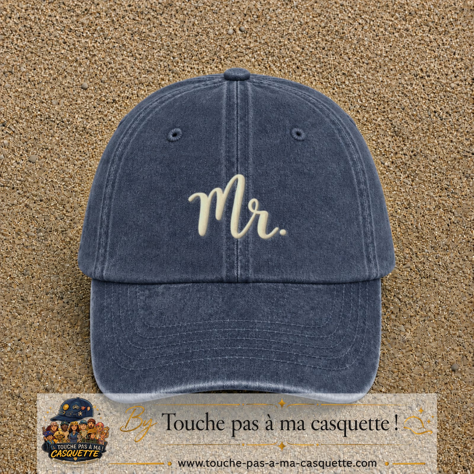 Image principale produit111moyenBM - casquette Bleu marine délavé avec visuel Mr blanc 5 cm